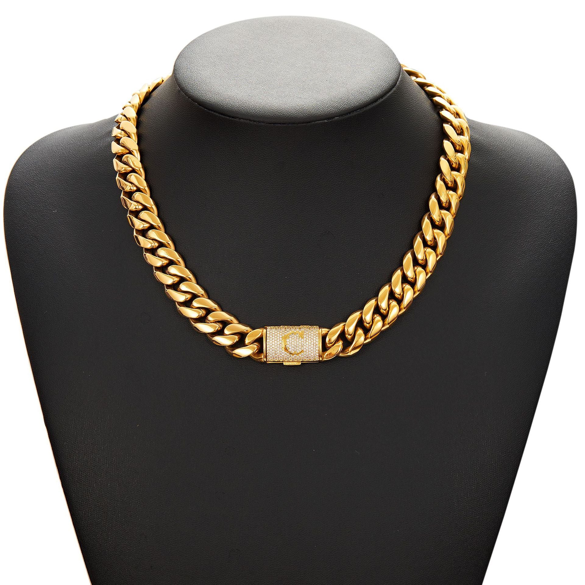 14mm Cuban Link Set - A-Z Custom Initial Iced Out Clasp,18K Gold