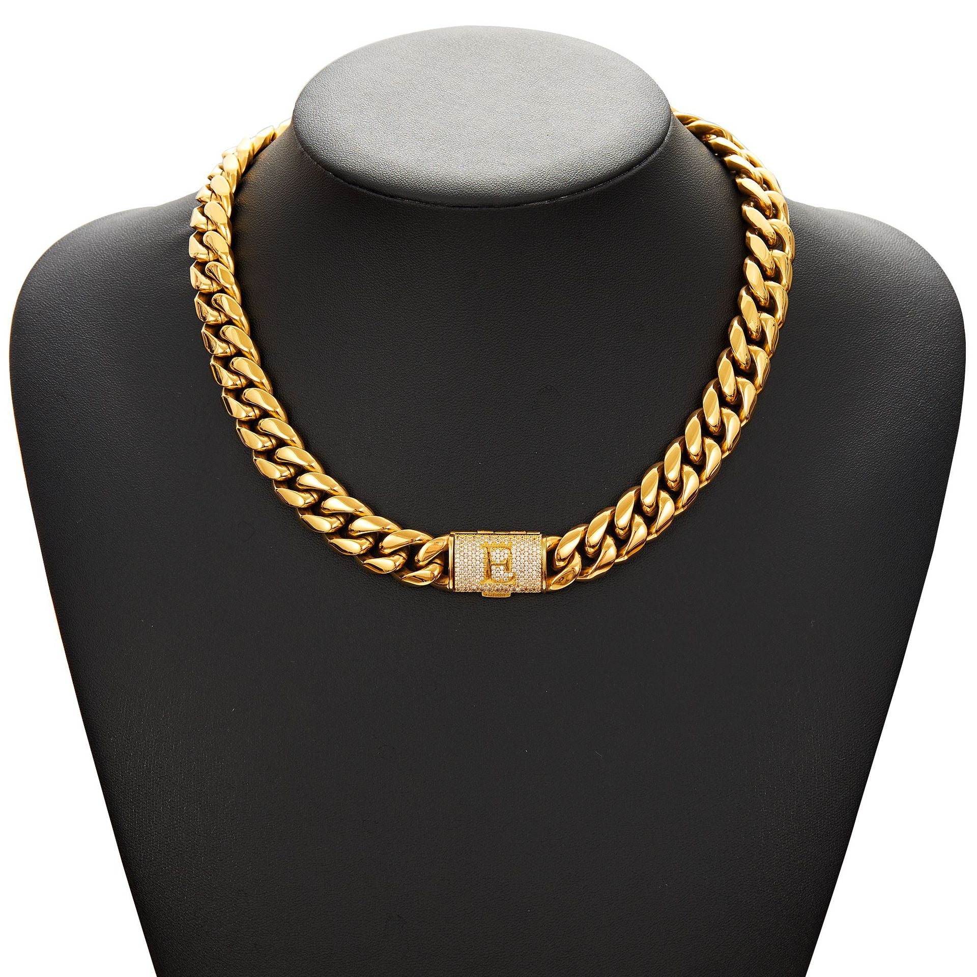14mm Cuban Link Set - A-Z Custom Initial Iced Out Clasp,18K Gold