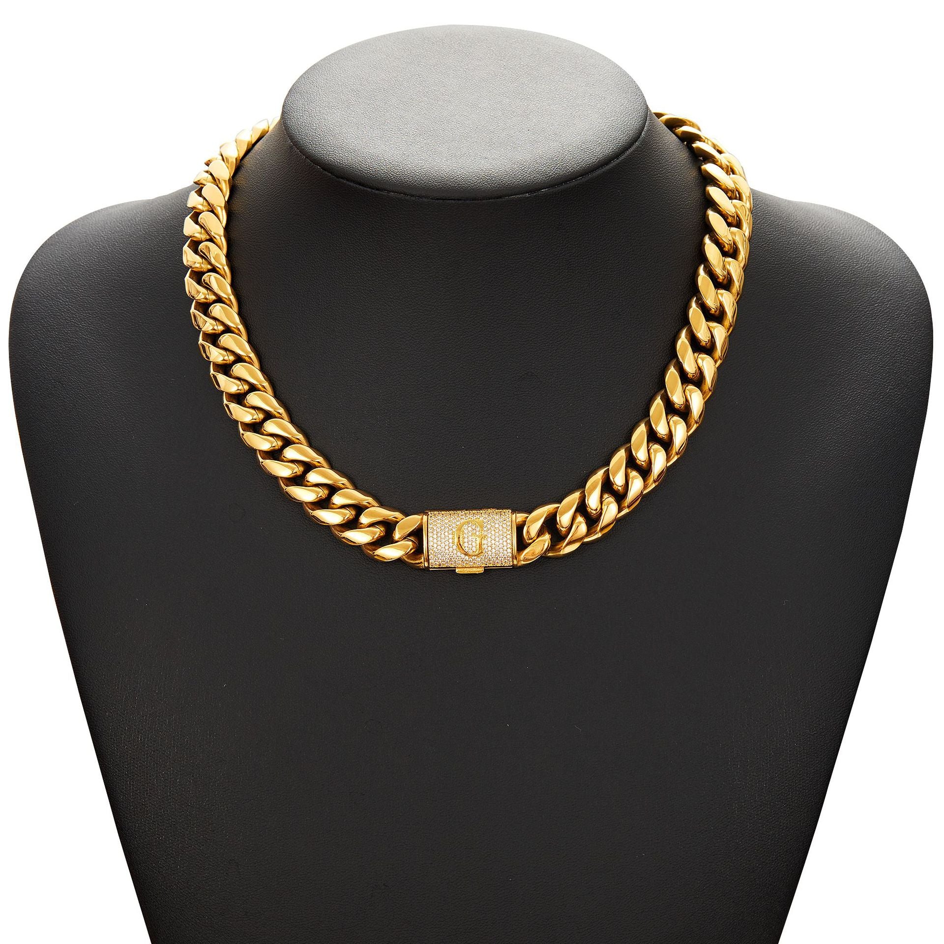 14mm Cuban Link Set - A-Z Custom Initial Iced Out Clasp,18K Gold
