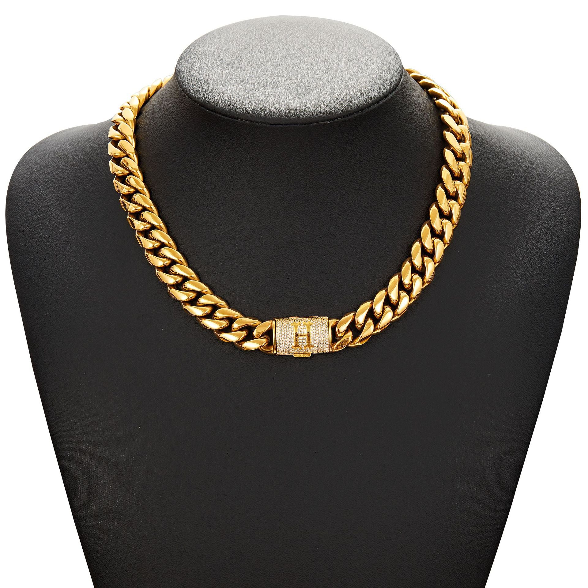 14mm Cuban Link Set - A-Z Custom Initial Iced Out Clasp,18K Gold
