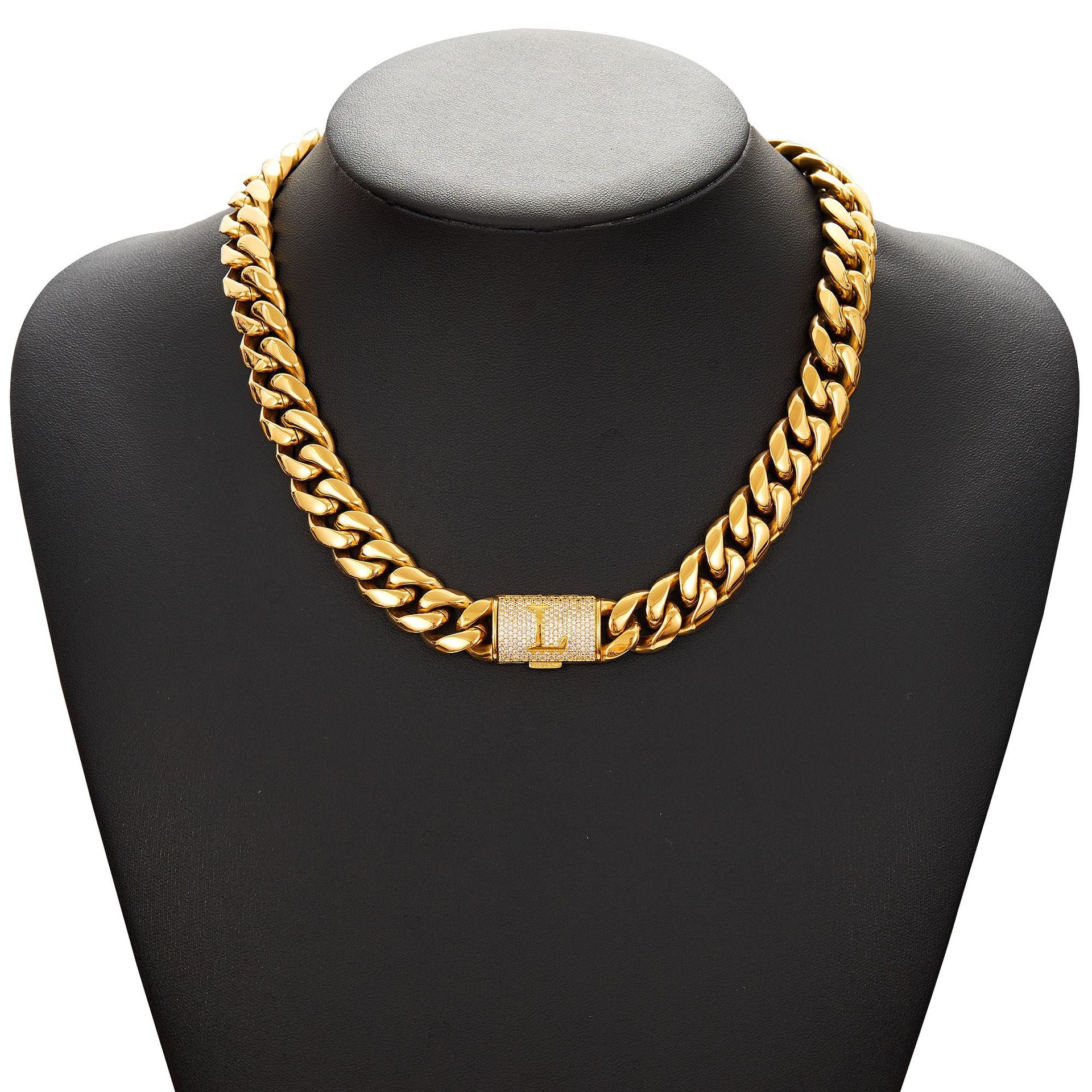14mm Cuban Link Set - A-Z Custom Initial Iced Out Clasp,18K Gold
