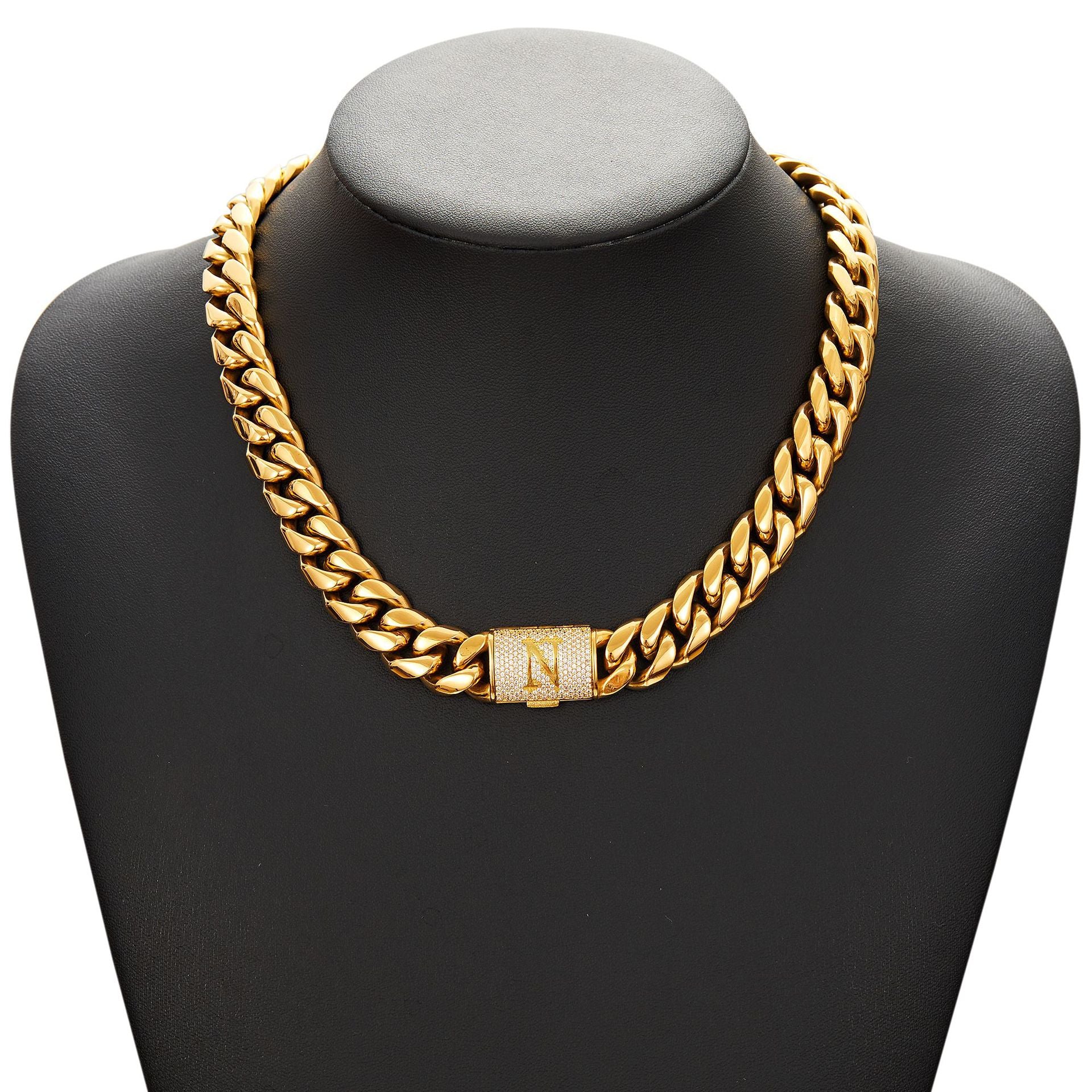 14mm Cuban Link Set - A-Z Custom Initial Iced Out Clasp,18K Gold