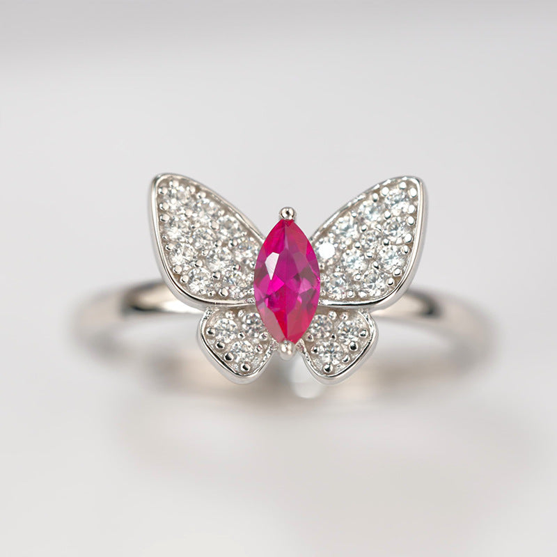Exquisite Butterfly S925 Silver with 18K Gold Plating Ring, Adorned with Lab-Grown Sapphire/Ruby/Emerald and Sparkling Zircons, an Elegant Choice