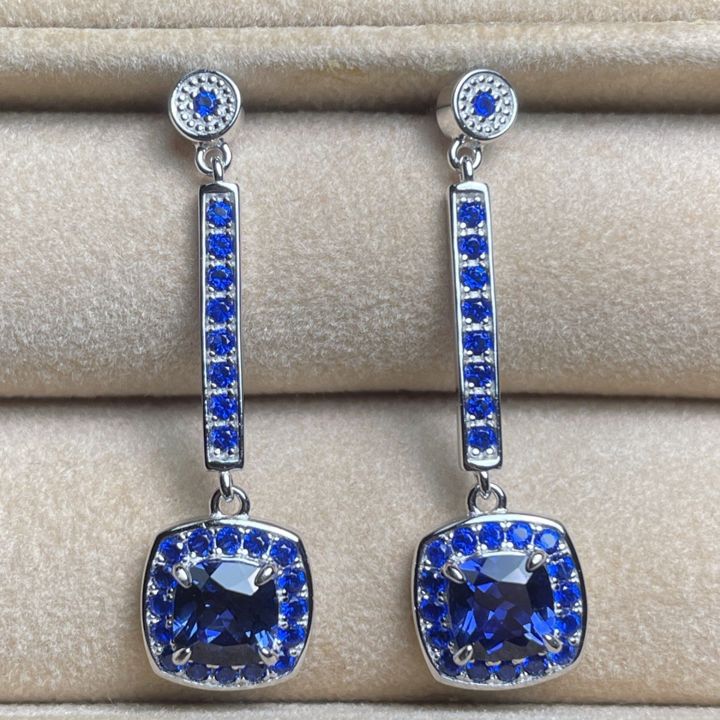 Exquisite Lab-Grown Sapphire S925 Sterling 18K Gold Plated Square Sugar-Loaf Drop Earrings - Sparkling Blue Elegance