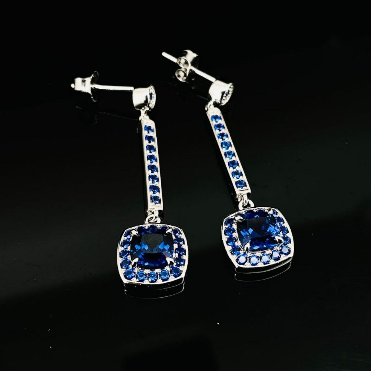 Exquisite Lab-Grown Sapphire S925 Sterling 18K Gold Plated Square Sugar-Loaf Drop Earrings - Sparkling Blue Elegance