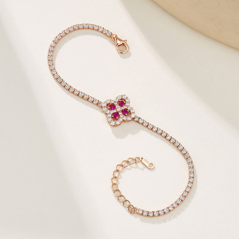 Elegant Four-Leaf Clover Design! Lab-Grown Ruby with S925 Silver Plated 18k Gold Bracelet, Shiny and Eye-Catching