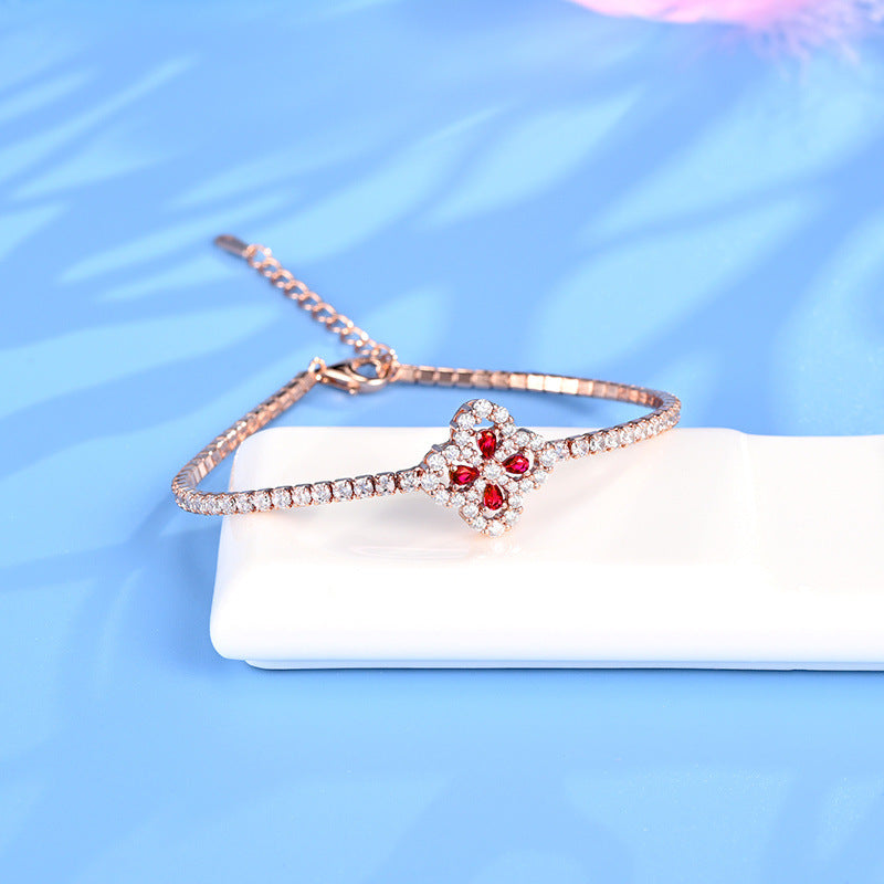 Elegant Four-Leaf Clover Design! Lab-Grown Ruby with S925 Silver Plated 18k Gold Bracelet, Shiny and Eye-Catching