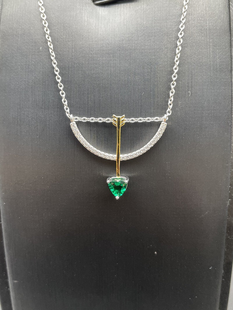 Elegant S925 Silver Plated with 18K Gold Cultured Emerald Archery-inspired Pendant Necklace - Shining Heart-shaped Green Gemstone, Exuding Elegant Charm