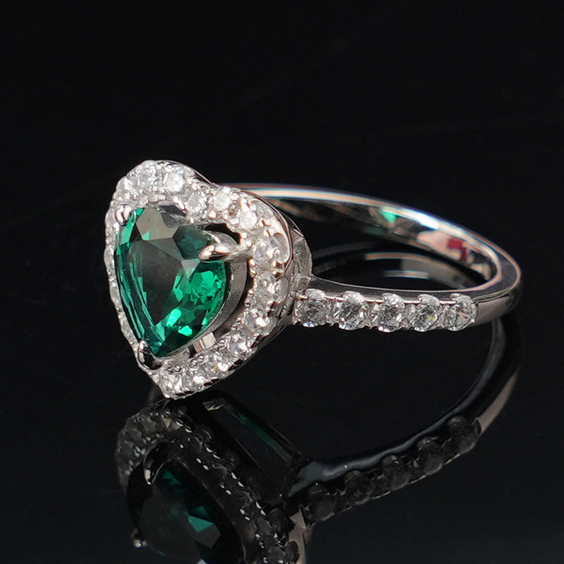 Romantic Heart-Shaped Lab-Created Emerald S925 Silver Plated with 18k Gold Ring, Sparkling Setting Exudes Elegance