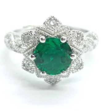 Vintage Flower Emerald Halo Ring