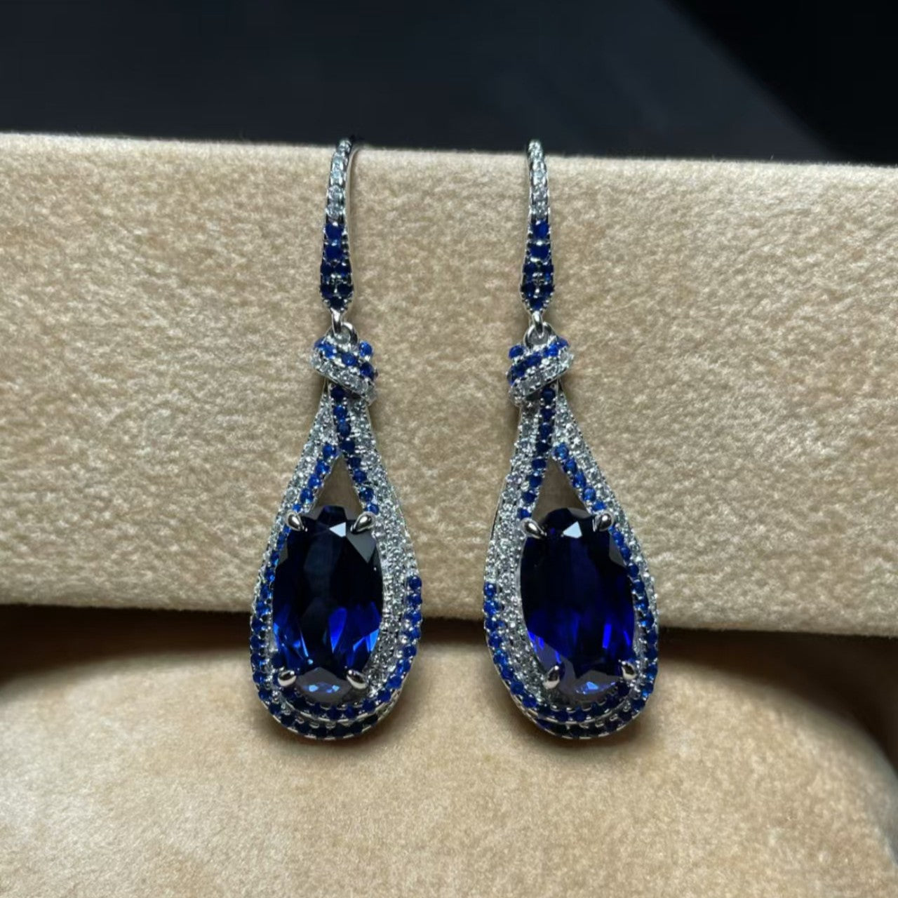 Luxurious Lab - Grown Sapphire S925 Sterling 18K Gold - Plated Teardrop Earrings - Sparkling Blue Diamond Inlay Exuding Noble Charm