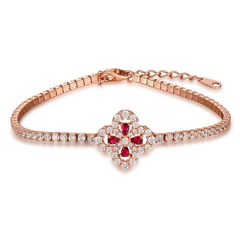 Elegant Four-Leaf Clover Design! Lab-Grown Ruby with S925 Silver Plated 18k Gold Bracelet, Shiny and Eye-Catching