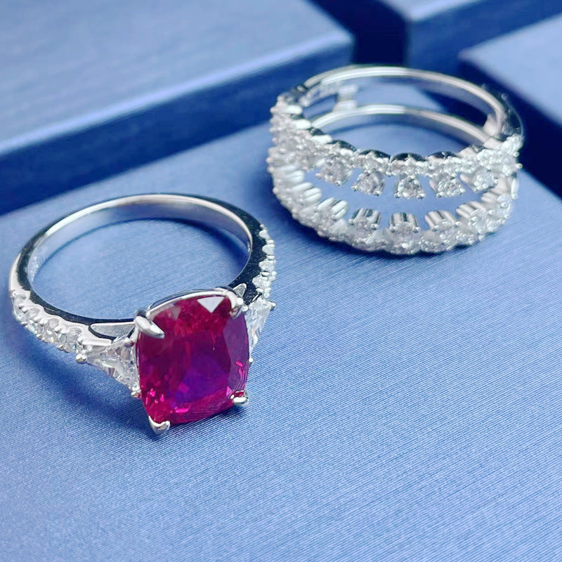 Luxurious Lab-Grown Ruby S925 Silver with 18K White Gold Plating Ring - Dazzling Sparkle, Exuding Elegant Charm