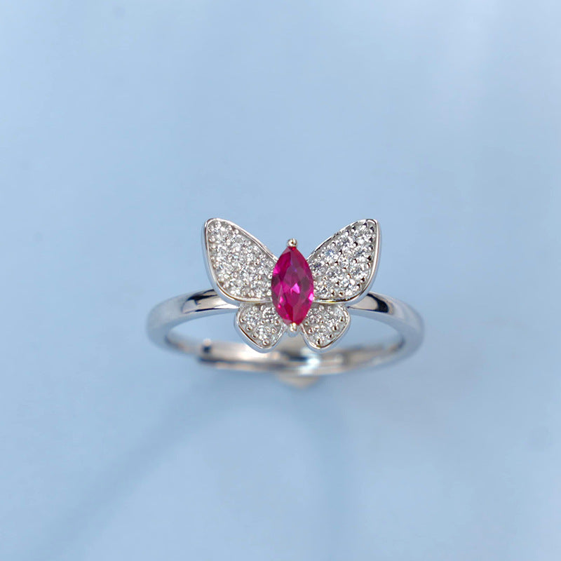 Exquisite Butterfly S925 Silver with 18K Gold Plating Ring, Adorned with Lab-Grown Sapphire/Ruby/Emerald and Sparkling Zircons, an Elegant Choice