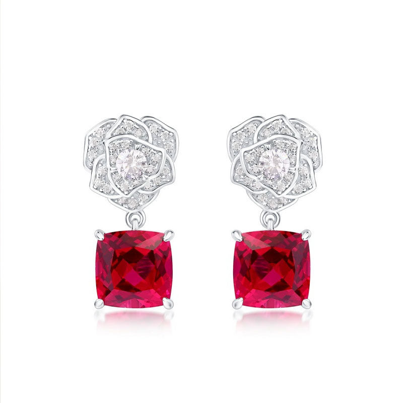 Lab-Grown Ruby - Crimson Square Diamond Flower Layered Drop Earrings