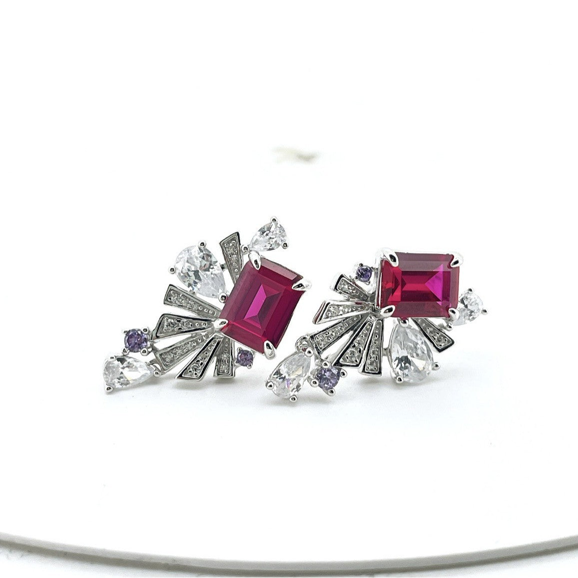 Luxurious Lab-Grown Ruby S925 Silver with 18K Gold Plating Earrings - Adorned with Sparkling Diamonds and Amethysts, Exuding Noble Elegance