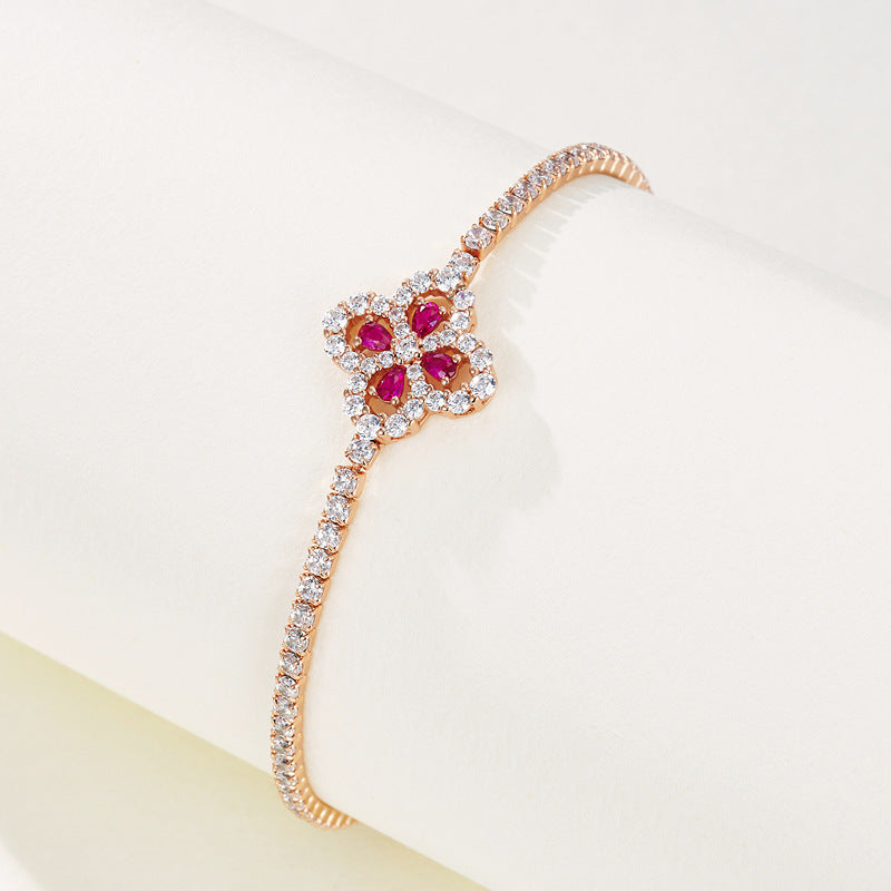 Elegant Four-Leaf Clover Design! Lab-Grown Ruby with S925 Silver Plated 18k Gold Bracelet, Shiny and Eye-Catching