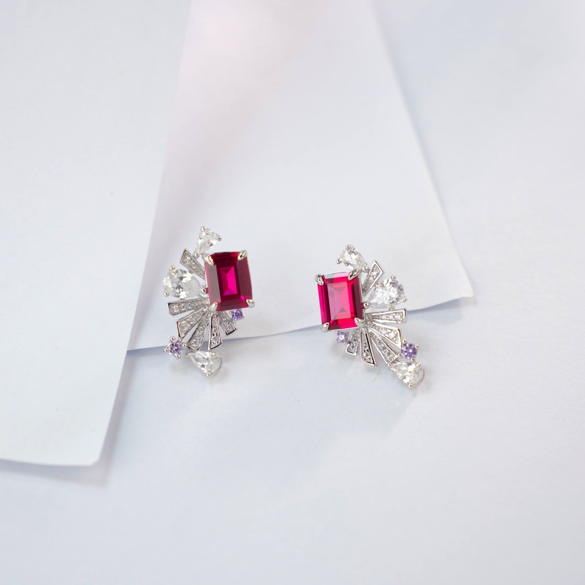 Luxurious Lab-Grown Ruby S925 Silver with 18K Gold Plating Earrings - Adorned with Sparkling Diamonds and Amethysts, Exuding Noble Elegance
