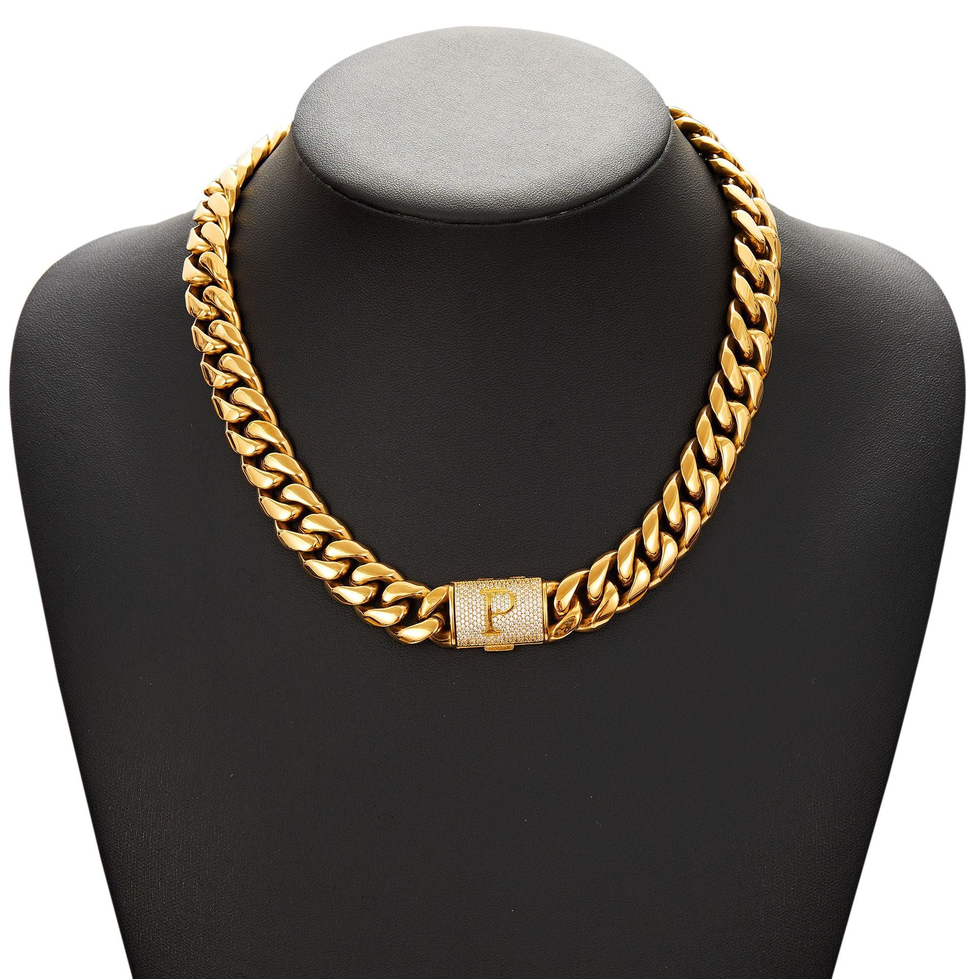 14mm Cuban Link Set - A-Z Custom Initial Iced Out Clasp,18K Gold