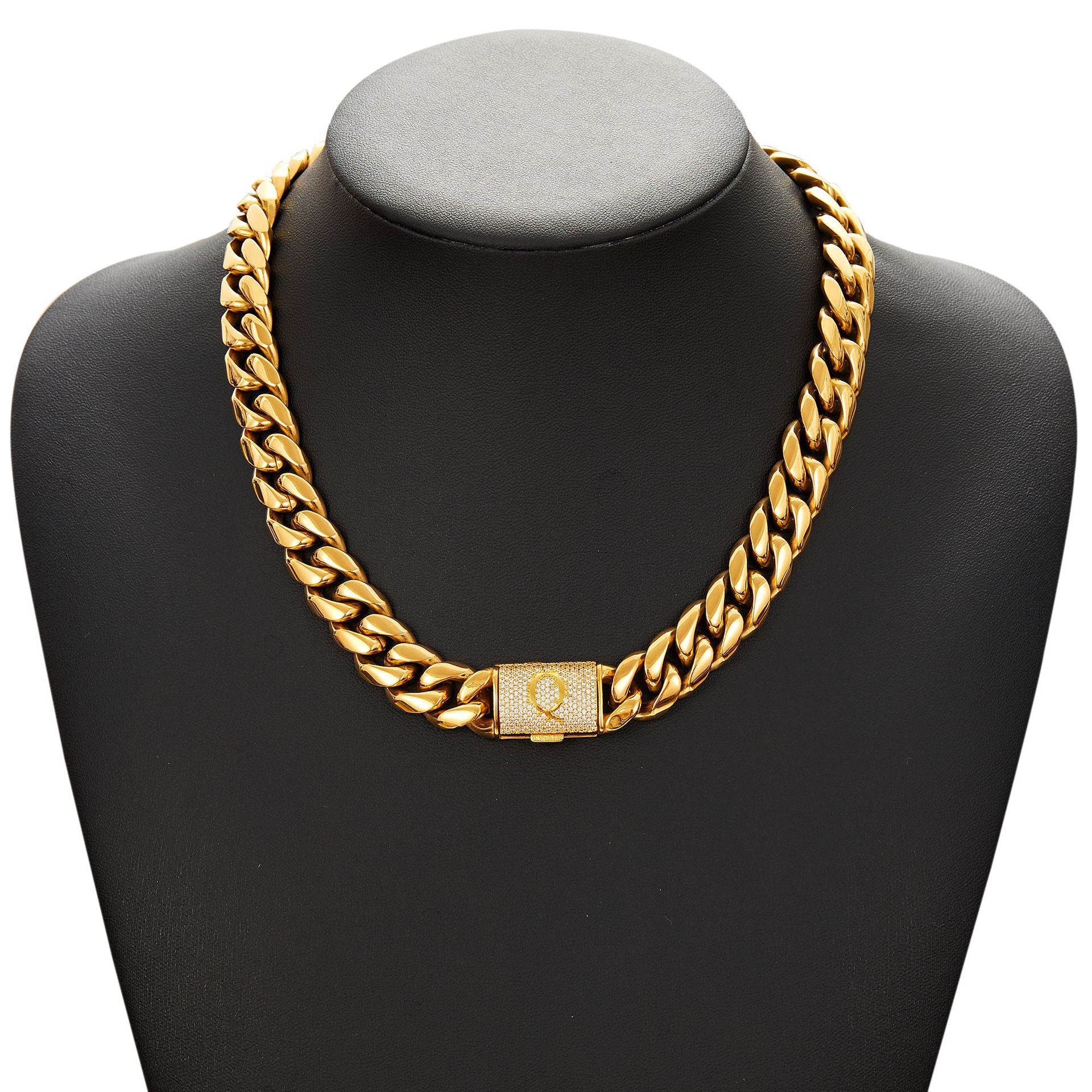 14mm Cuban Link Set - A-Z Custom Initial Iced Out Clasp,18K Gold