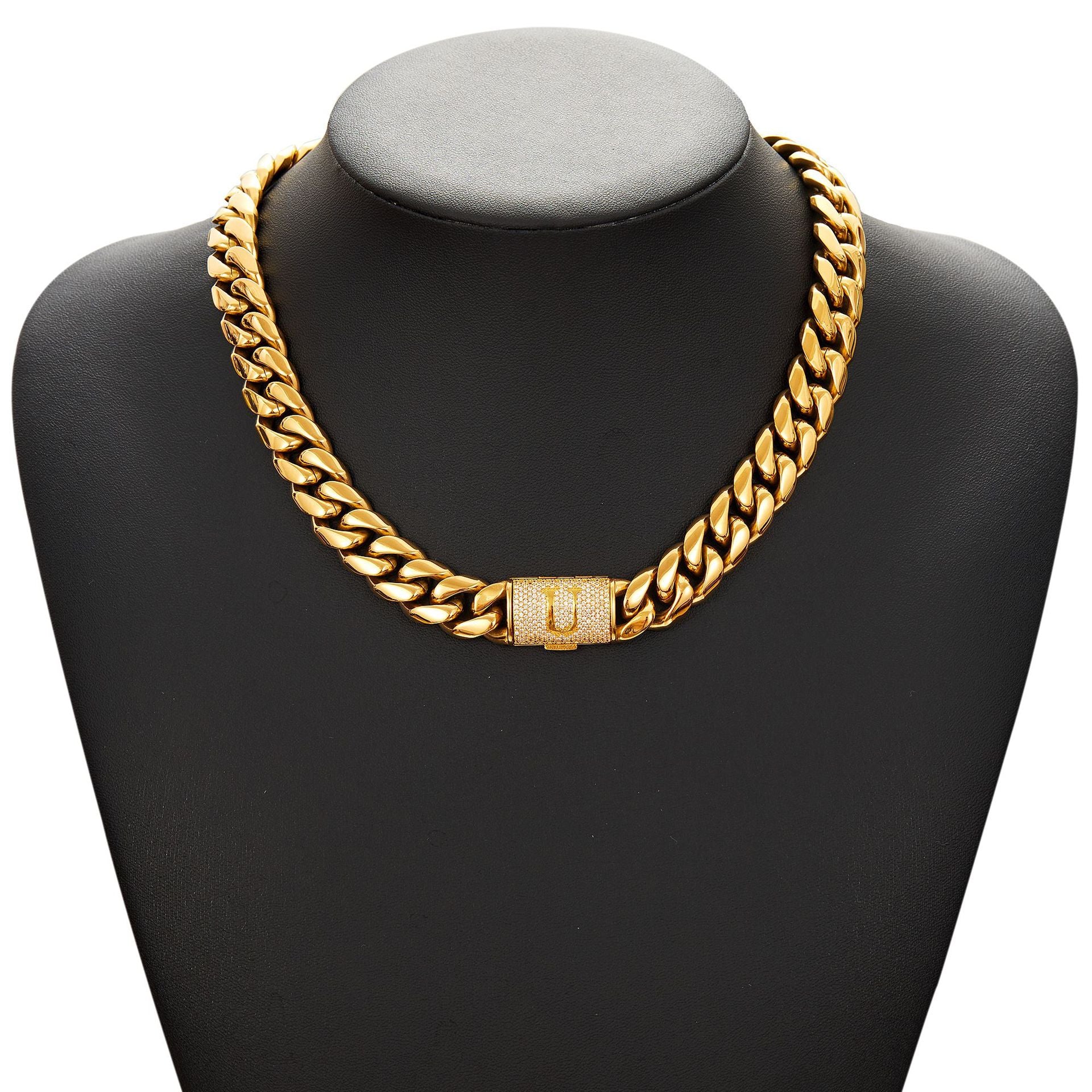 14mm Cuban Link Set - A-Z Custom Initial Iced Out Clasp,18K Gold