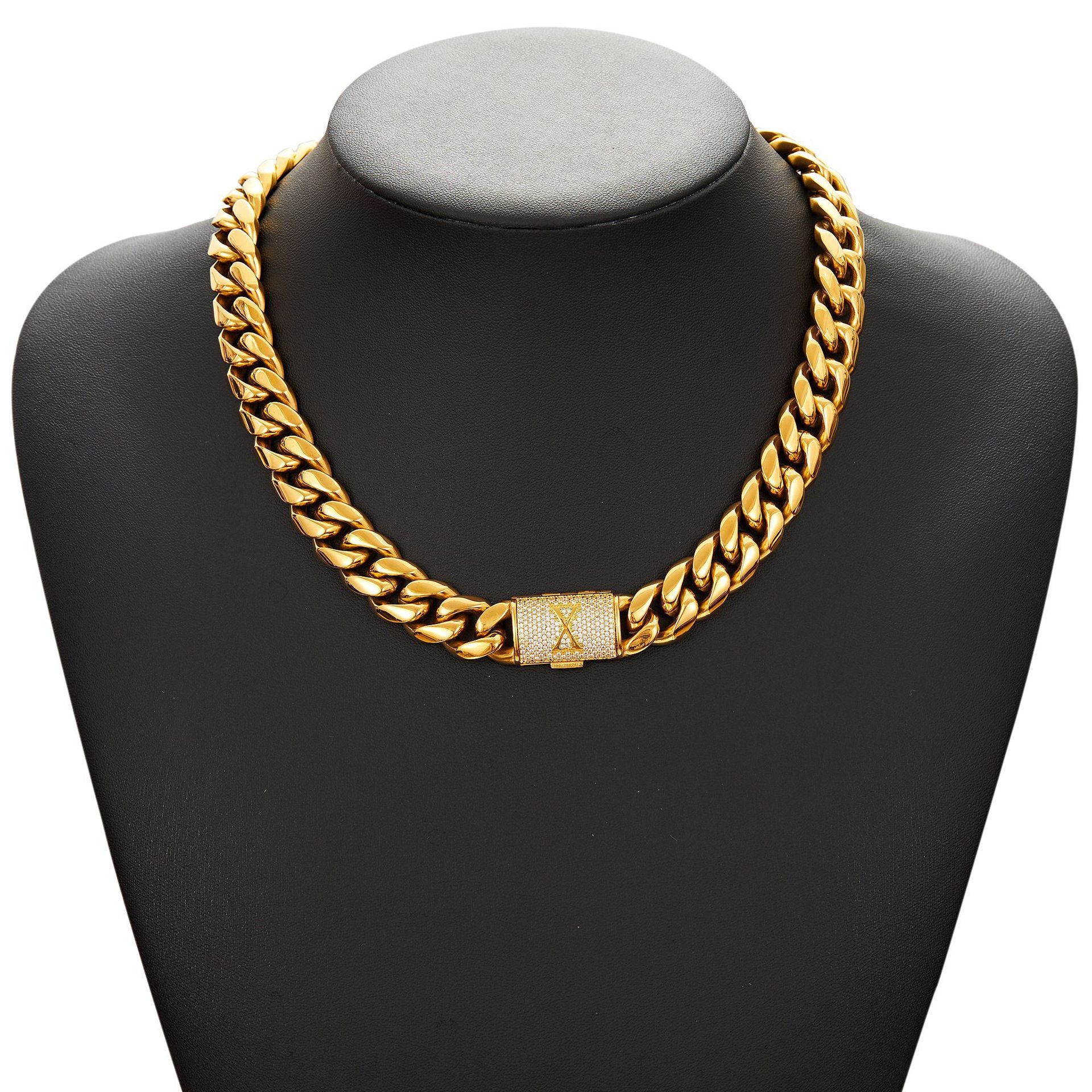 14mm Cuban Link Set - A-Z Custom Initial Iced Out Clasp,18K Gold