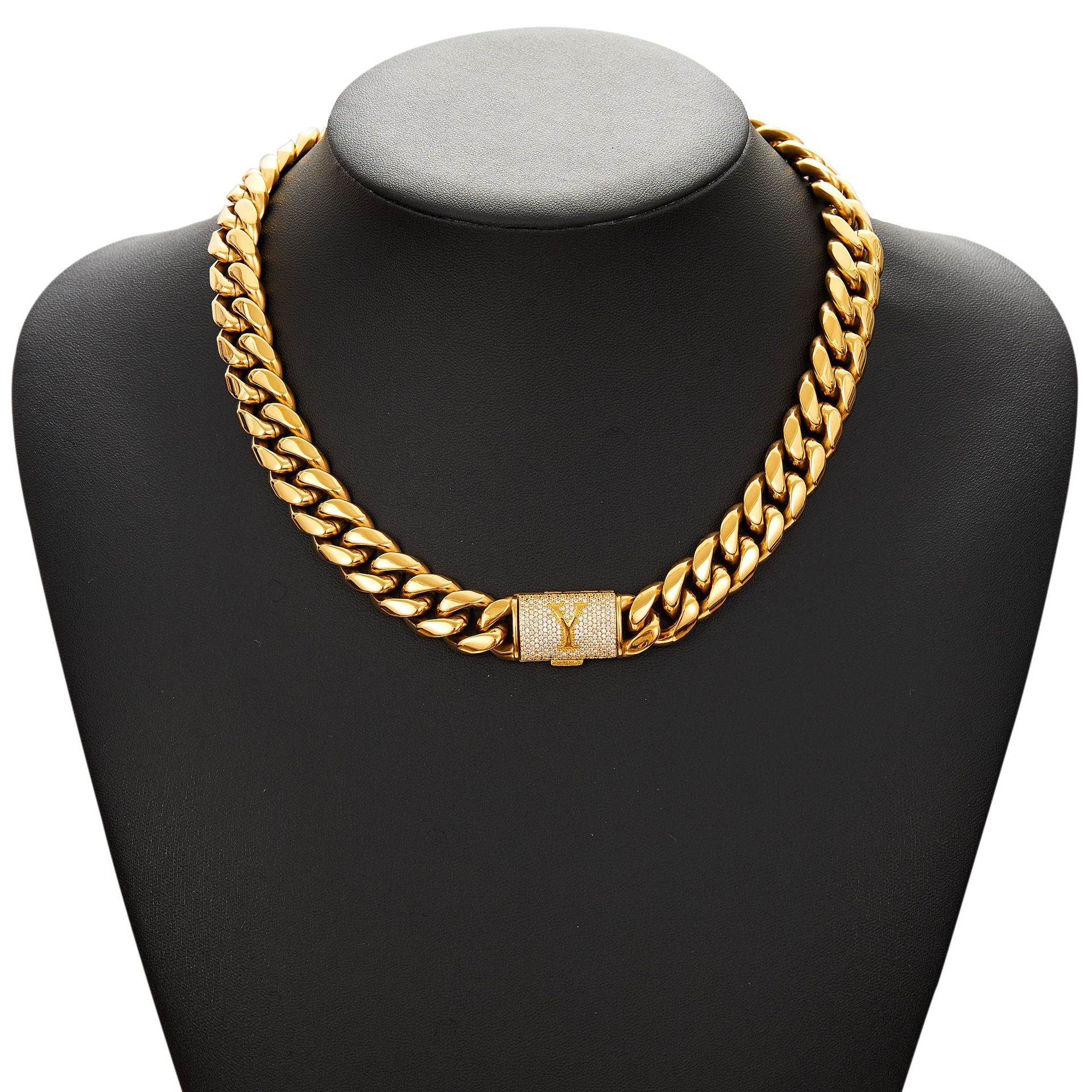 14mm Cuban Link Set - A-Z Custom Initial Iced Out Clasp,18K Gold