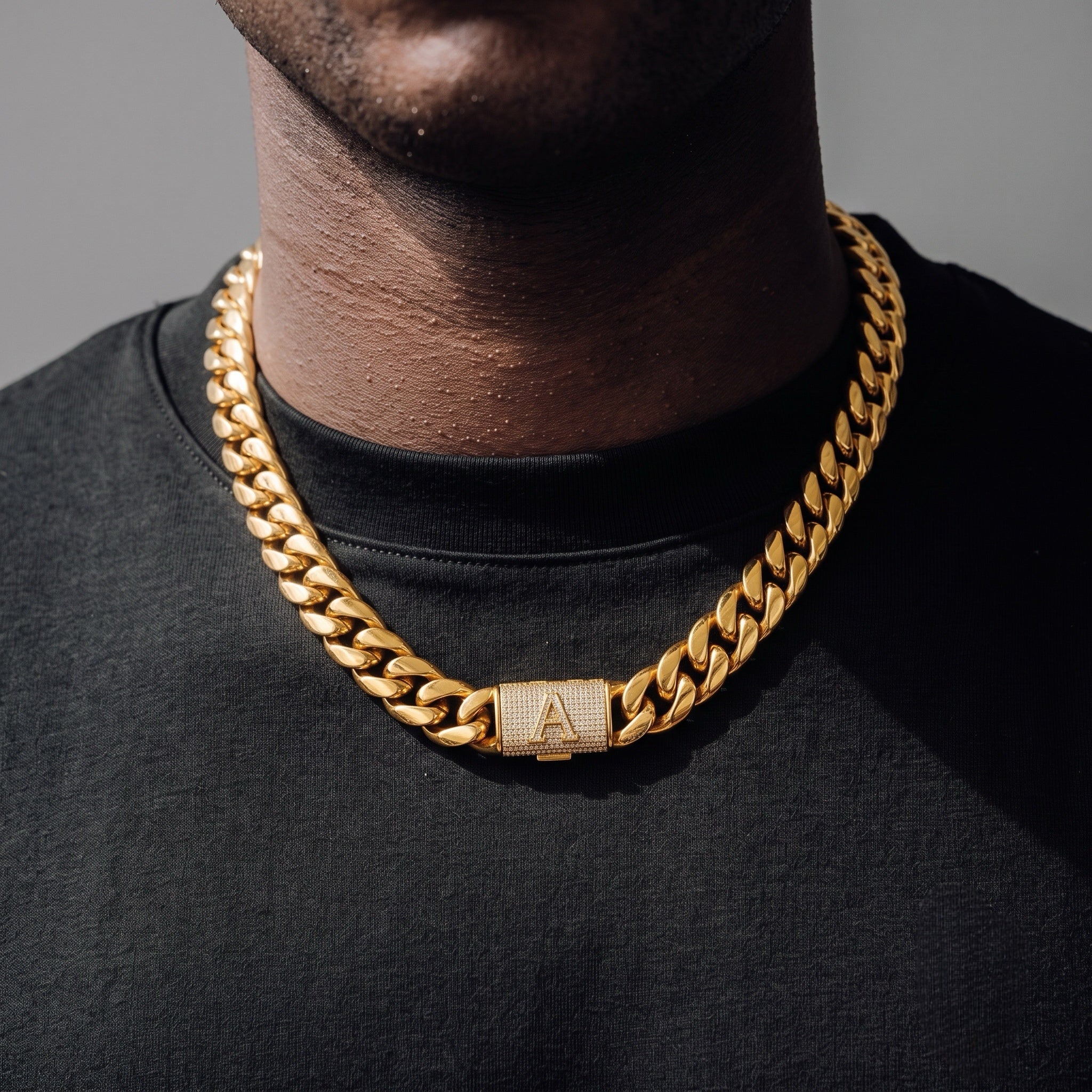 14mm Cuban Link Set - A-Z Custom Initial Iced Out Clasp,18K Gold