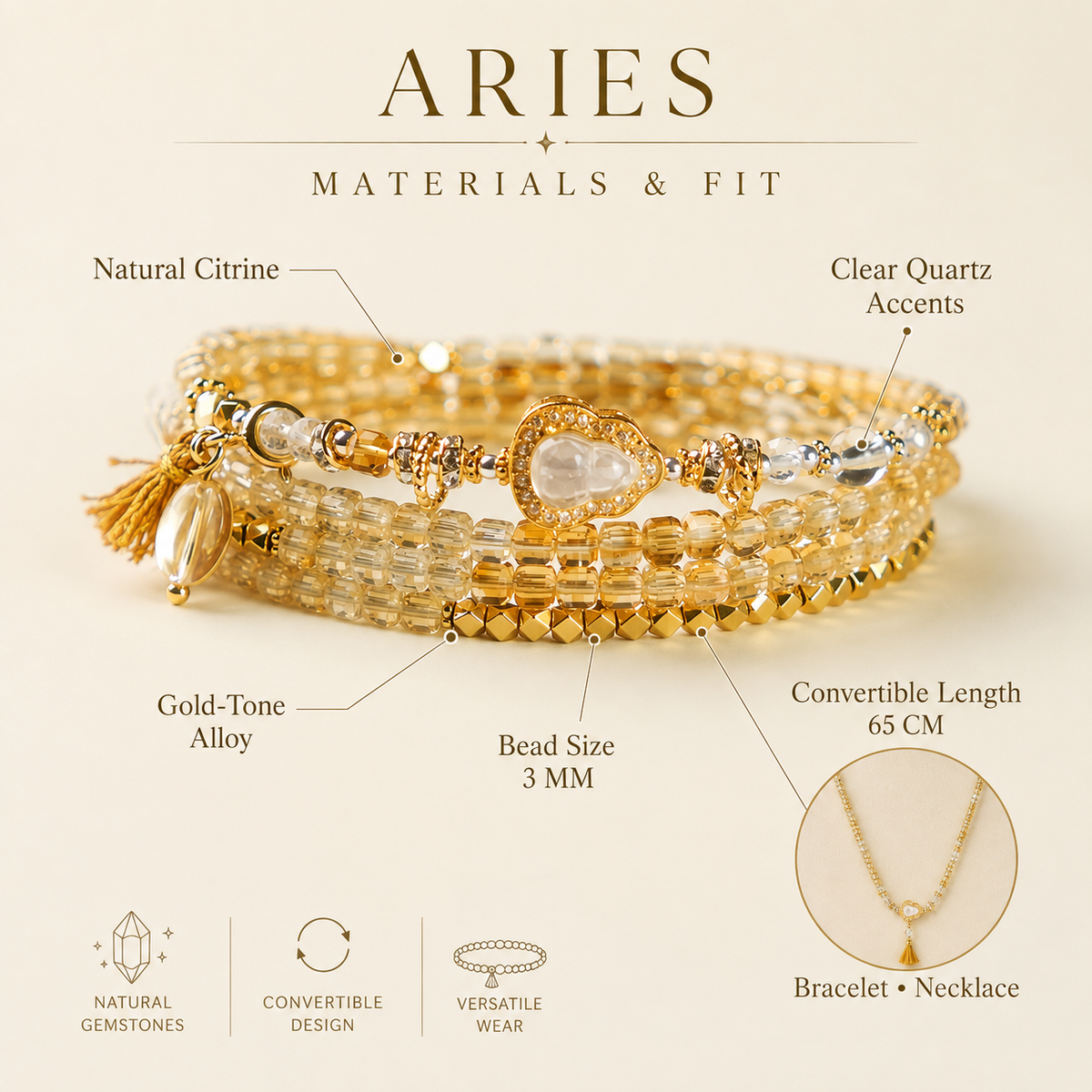 MINROON Aries citrine bracelet materials and fit guide
