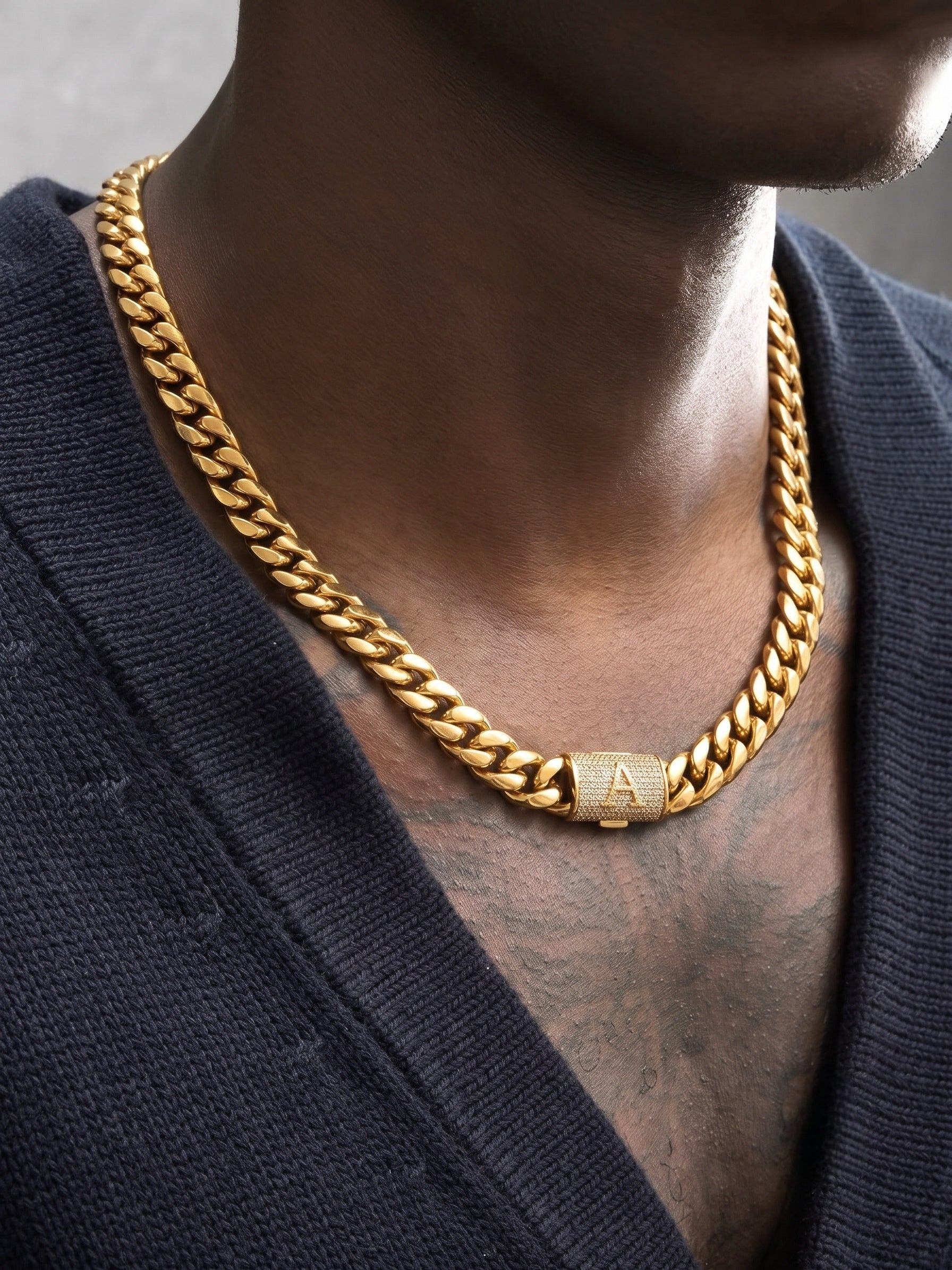 14mm Cuban Link Set - A-Z Custom Initial Iced Out Clasp,18K Gold