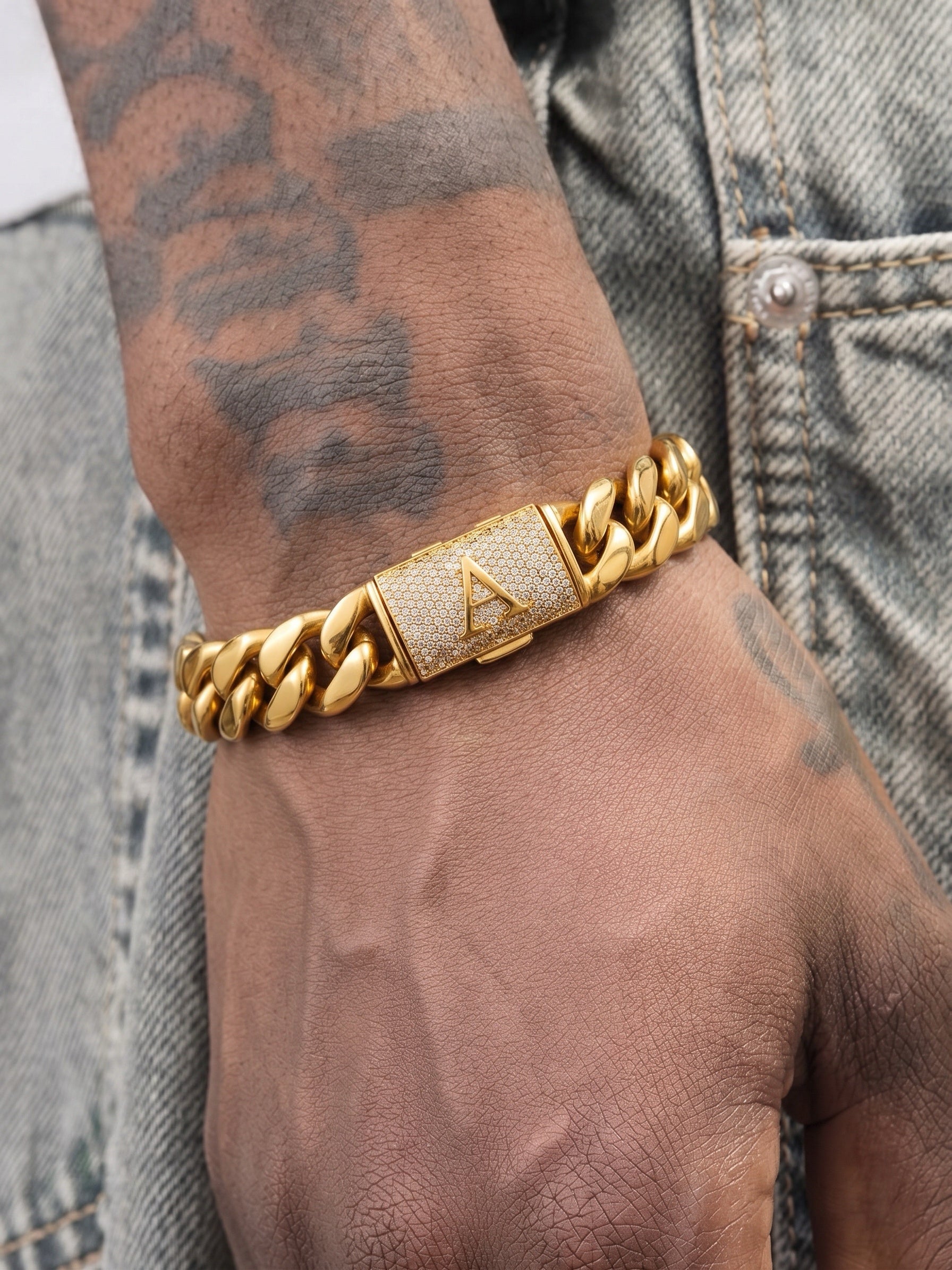 14mm Cuban Link Set - A-Z Custom Initial Iced Out Clasp,18K Gold