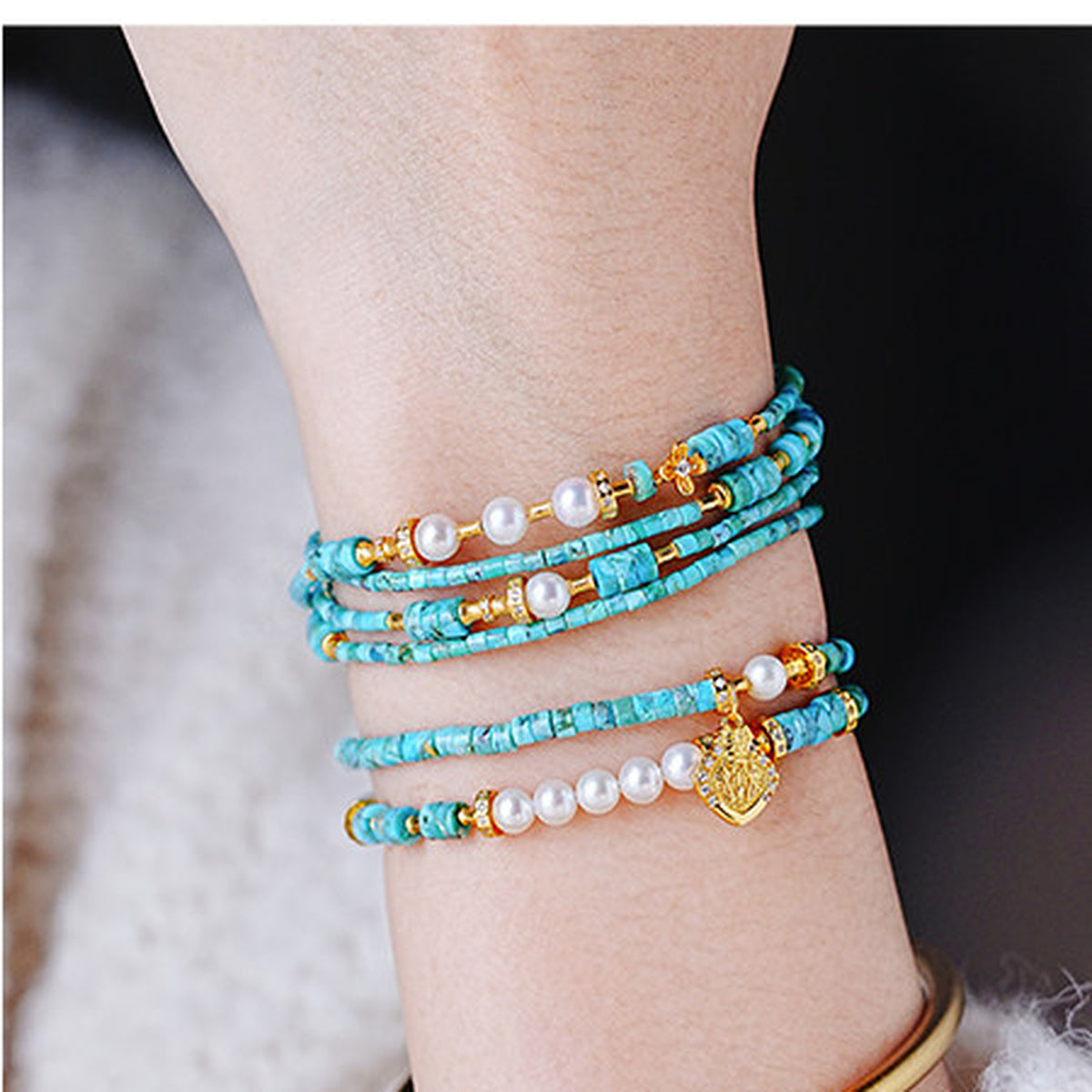 Turquoise and pearl multi-wrap bracelet close-up