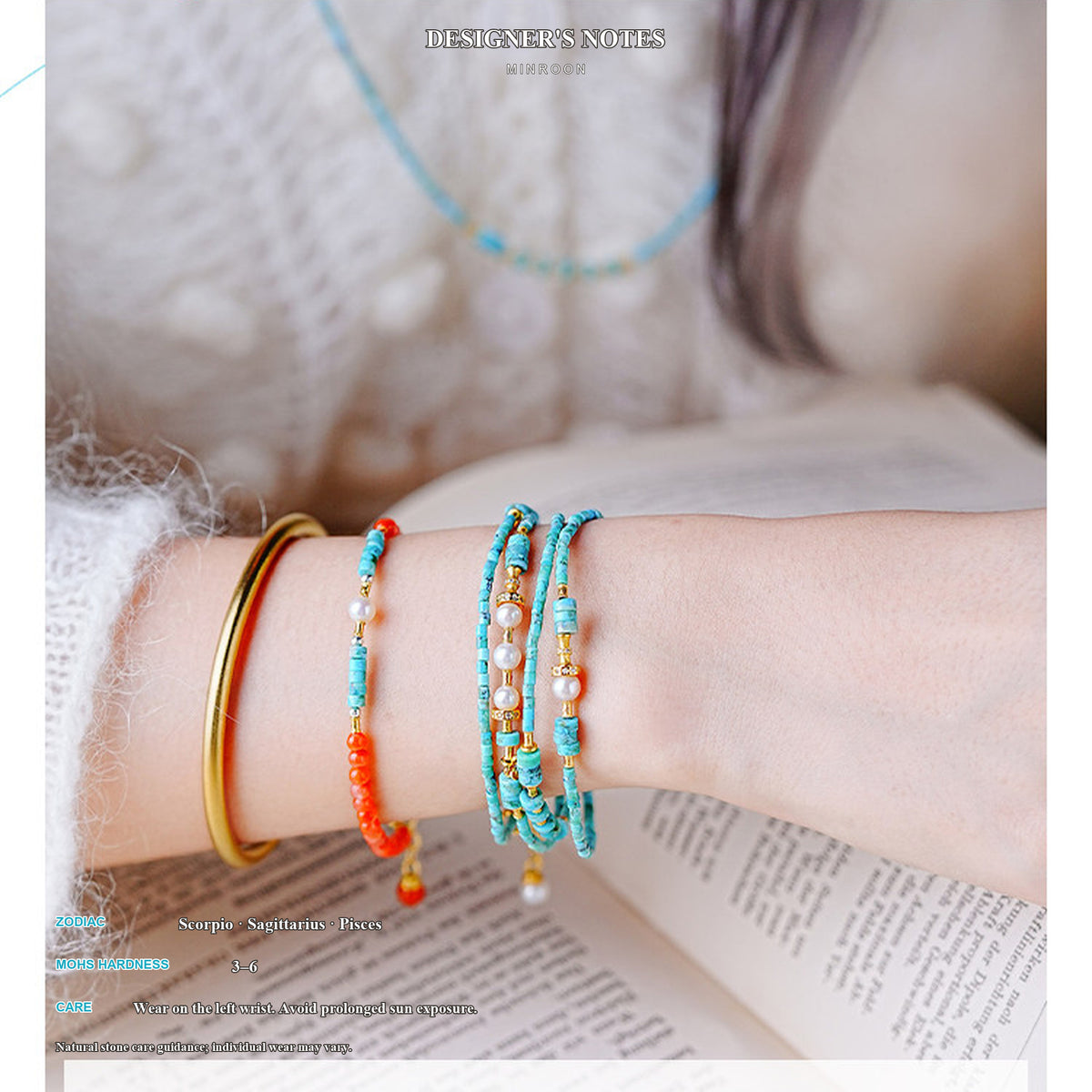 Turquoise and pearl wrap bracelet full-bleed wrist styling