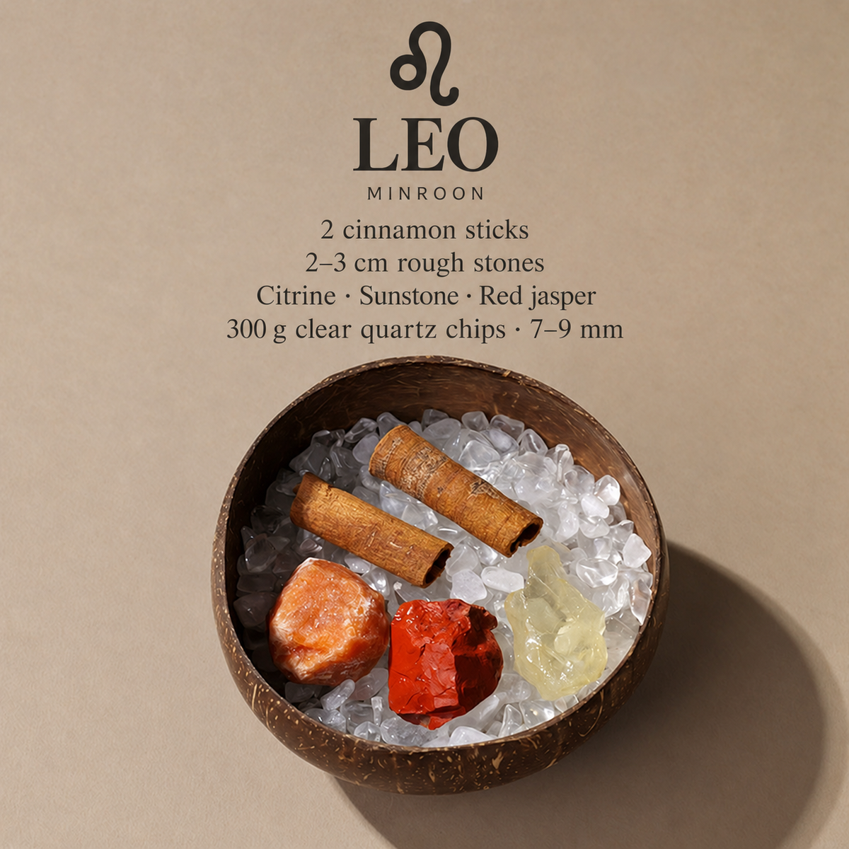 MINROON Leo zodiac coconut shell bowl with clear quartz chips and three rough stones