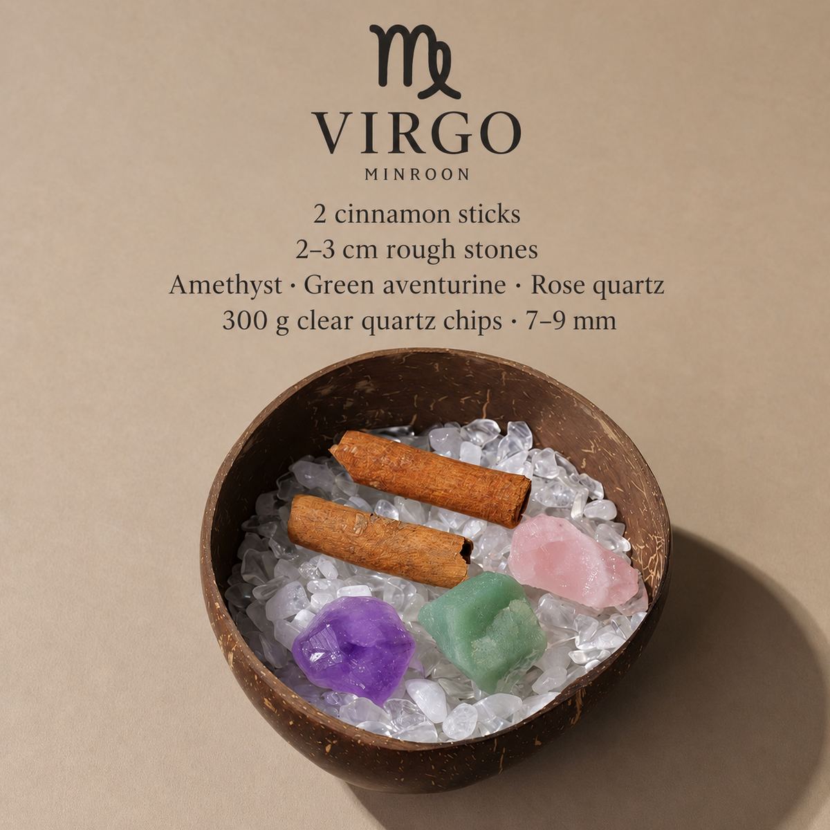 MINROON Virgo zodiac coconut shell bowl with clear quartz chips and three rough stones