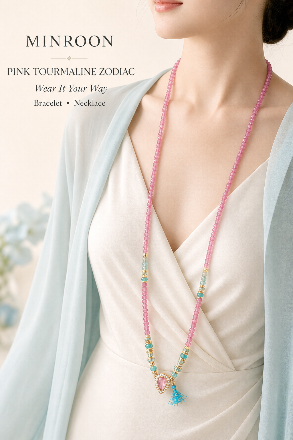 Libra convertible bracelet worn as necklace