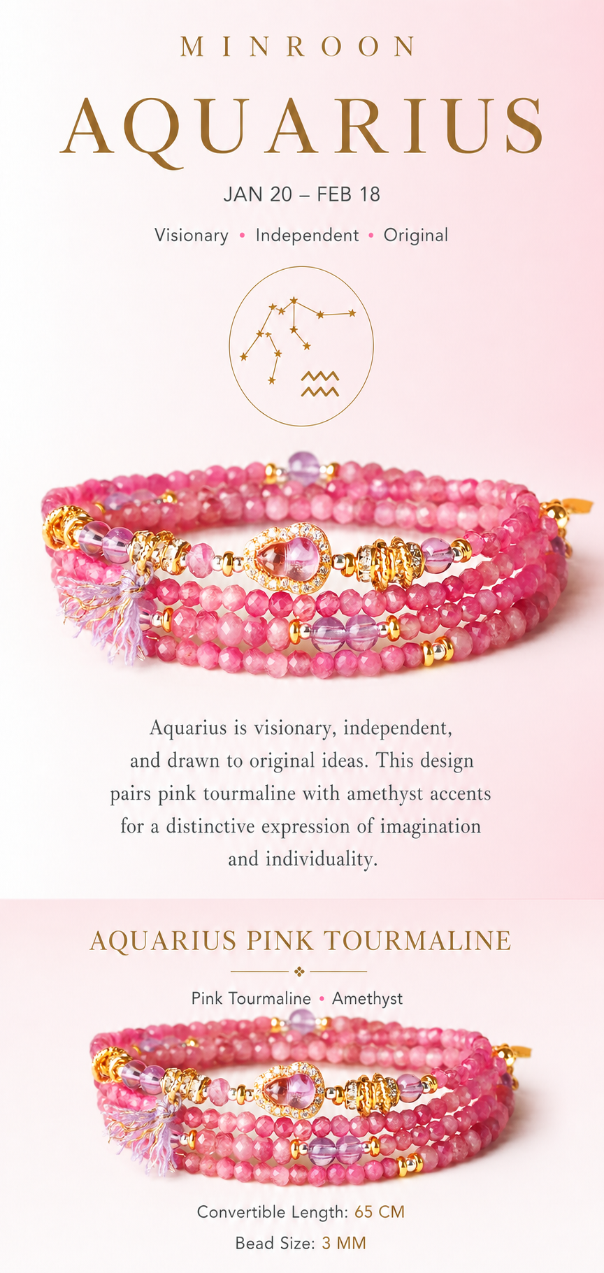 Aquarius Pink Tourmaline Zodiac Bracelet story and specifications