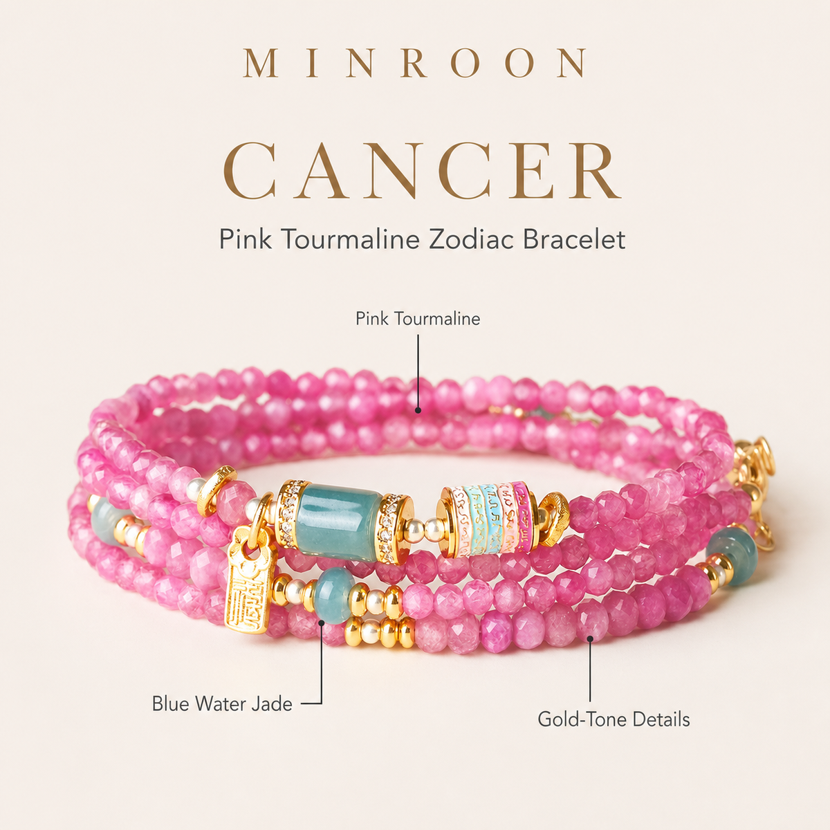 Cancer Pink Tourmaline Zodiac Bracelet by MINROON