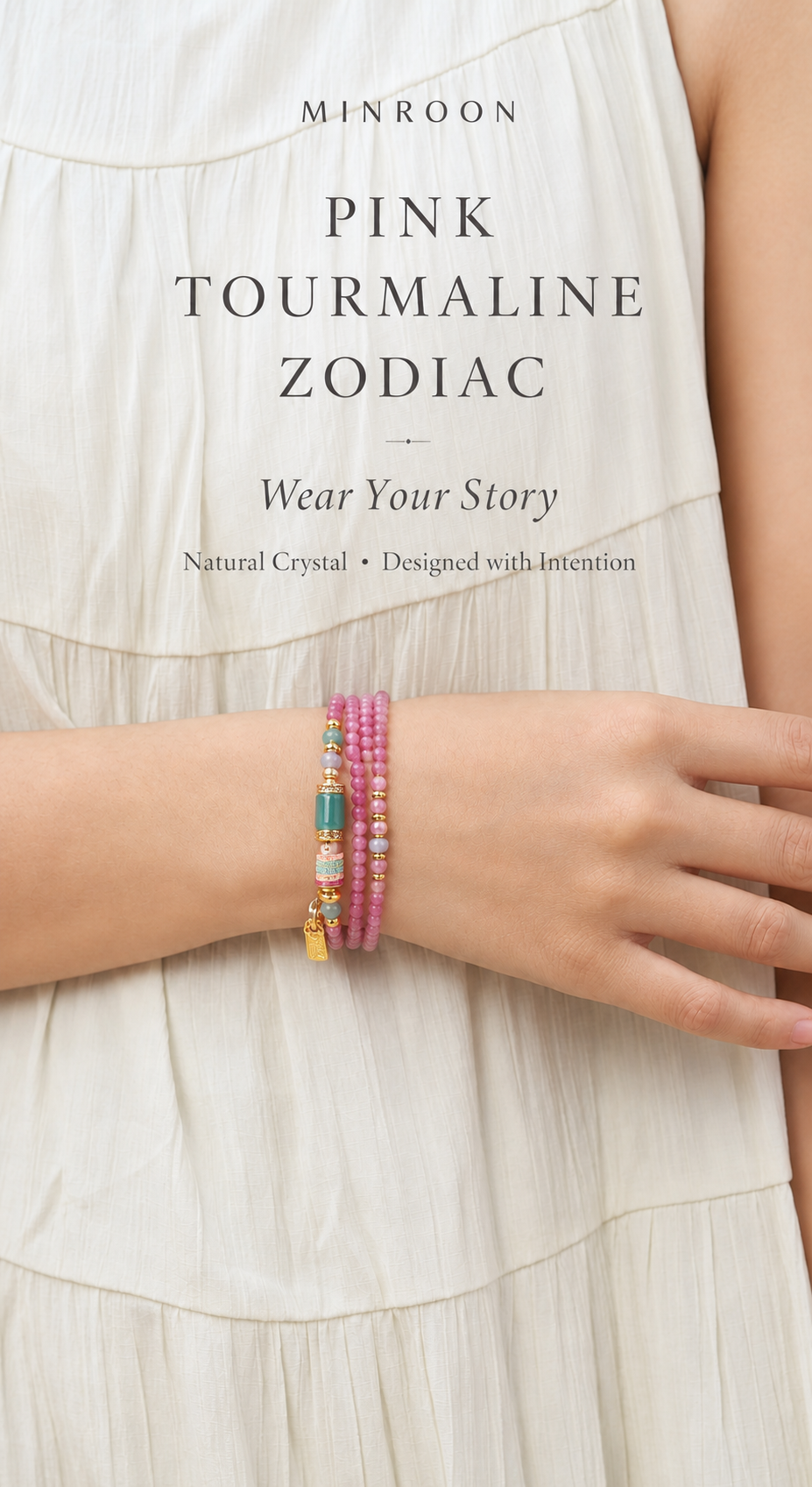 MINROON Cancer pink tourmaline bracelet worn on wrist