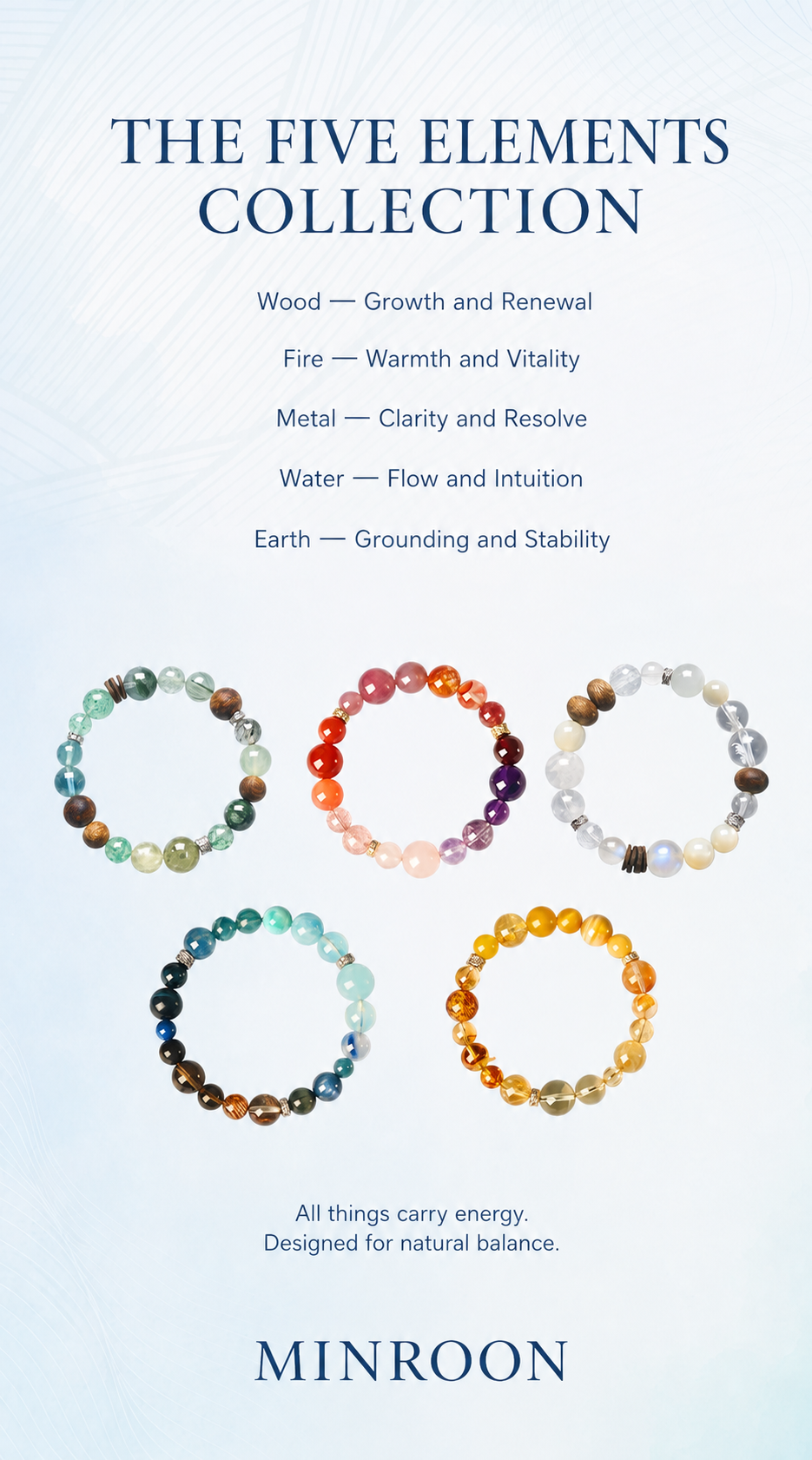 MINROON Five Elements complete crystal bracelet collection guide