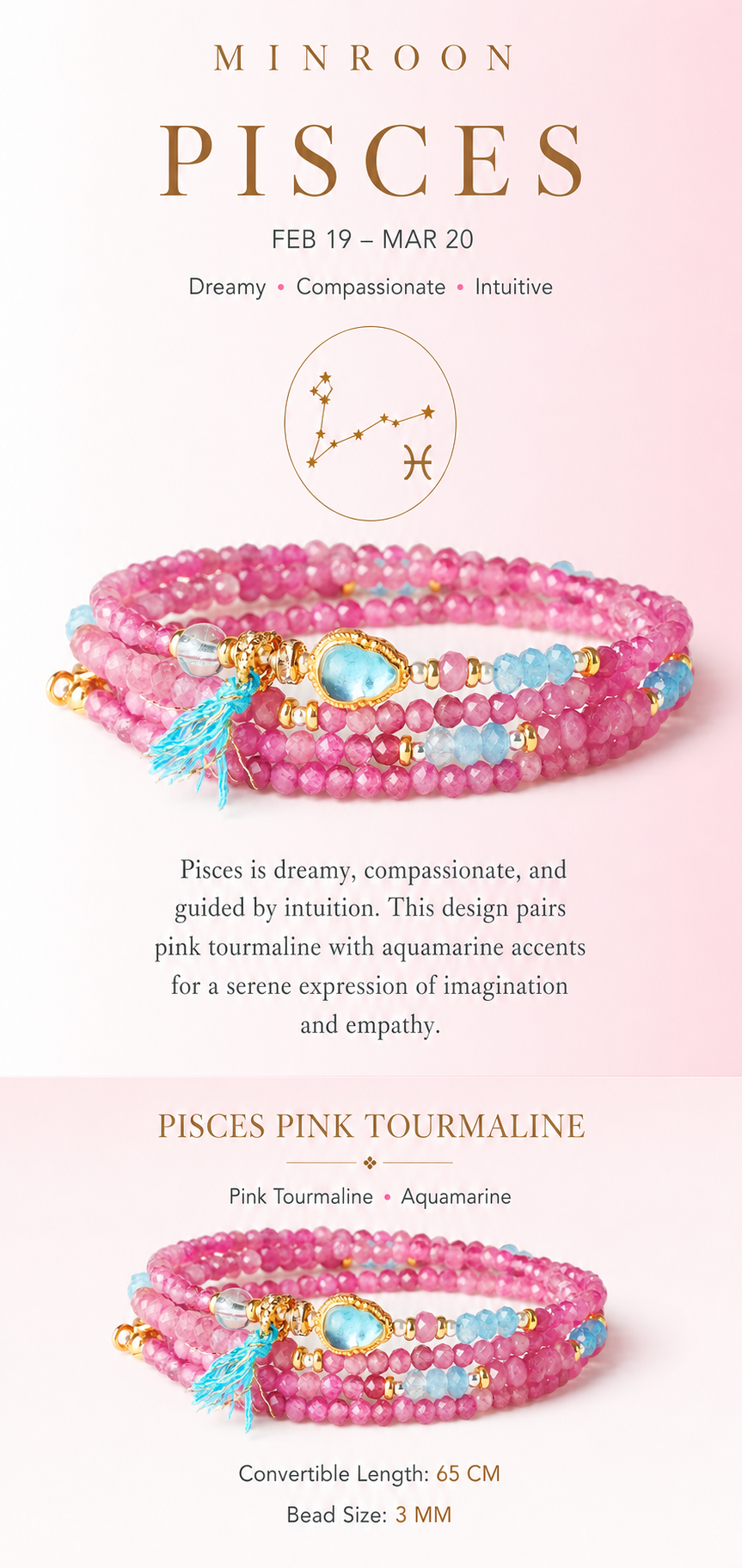 Pisces Pink Tourmaline Zodiac Bracelet story and specifications
