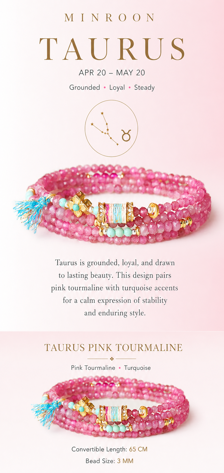 Taurus Pink Tourmaline Zodiac Bracelet story and specifications