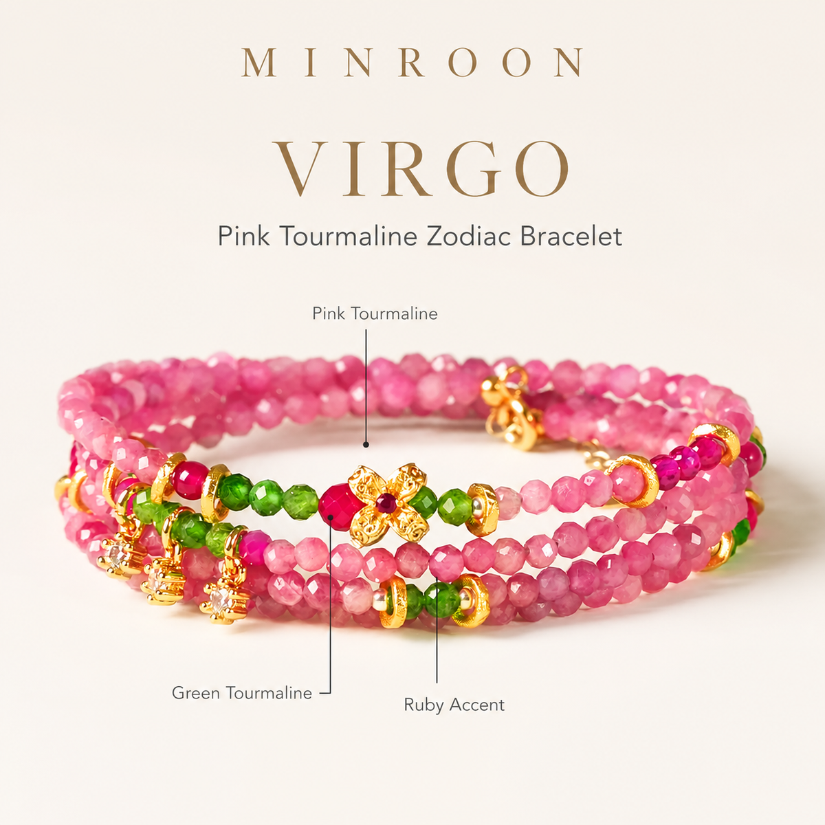 Virgo Pink Tourmaline Zodiac Bracelet by MINROON