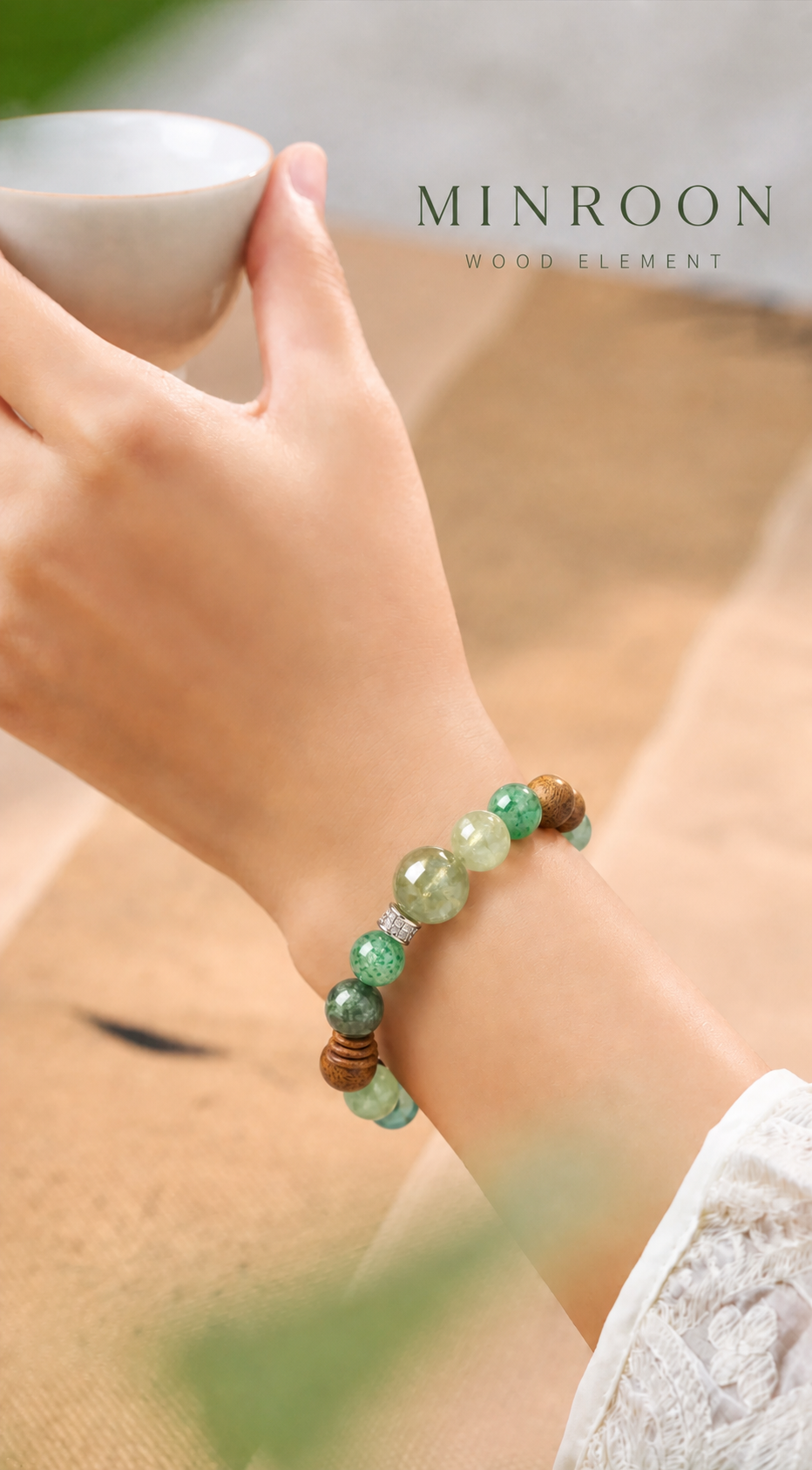MINROON Wood Element crystal bracelet worn on wrist