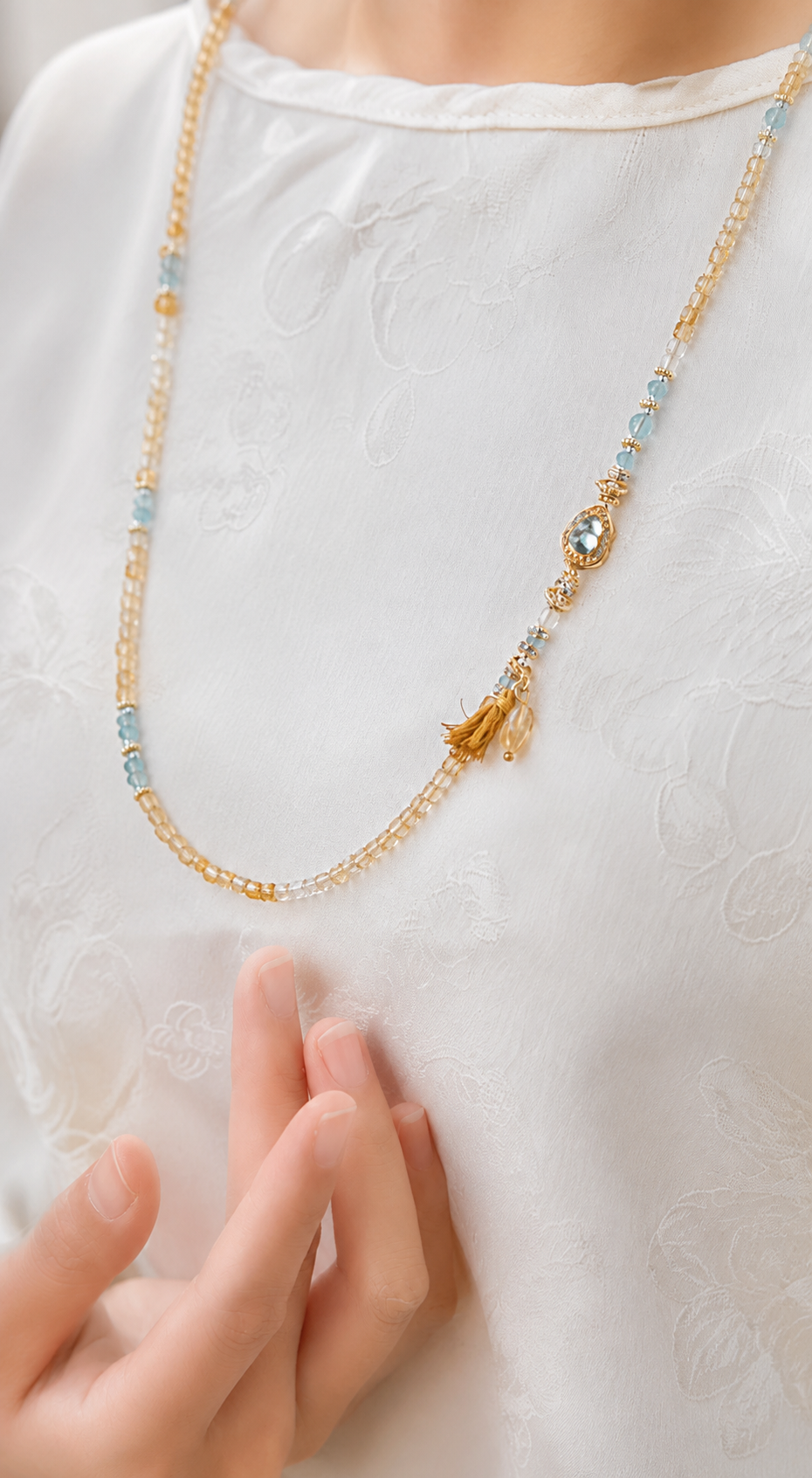 Pisces natural citrine and aquamarine bracelet styled as a necklace