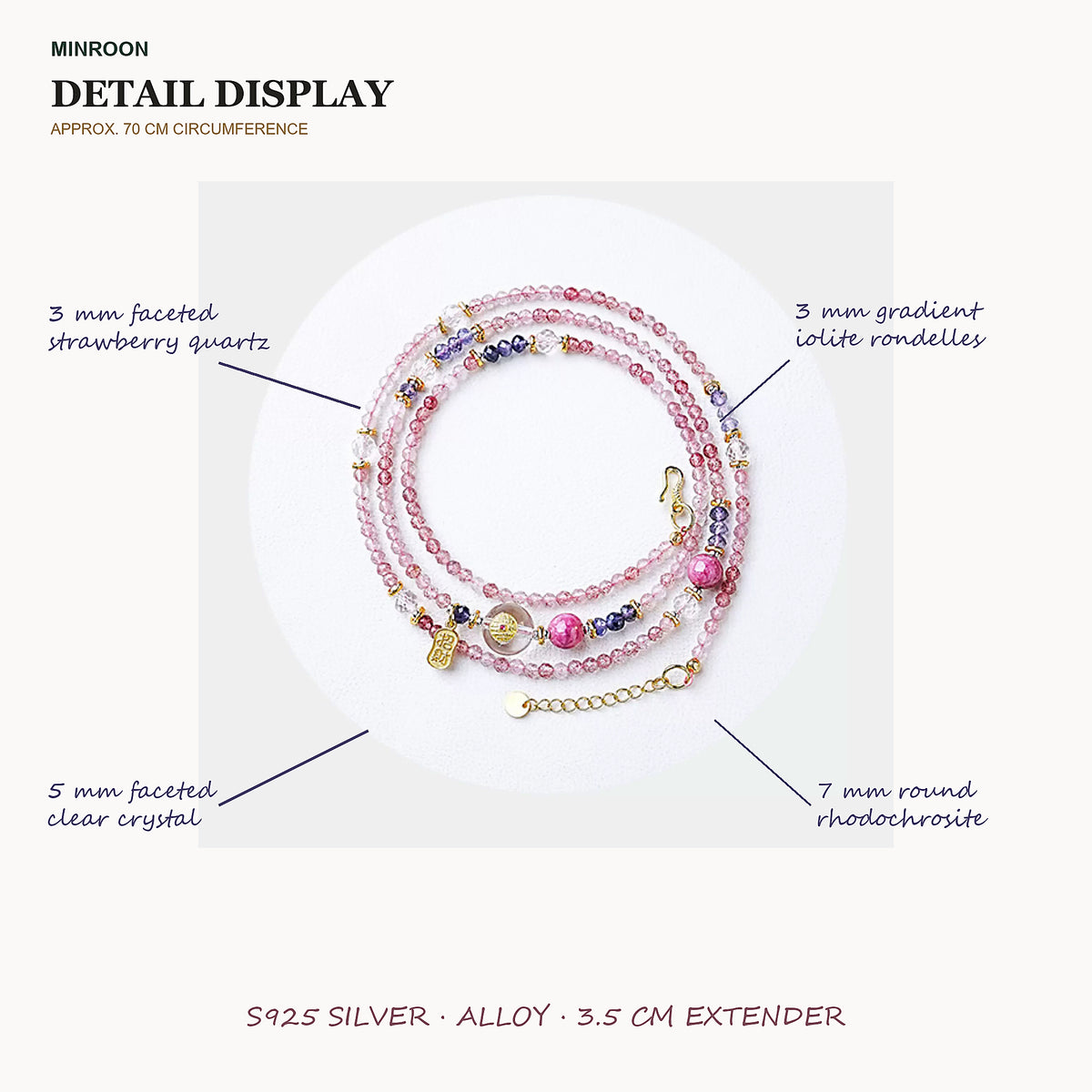 Peach Fortune bead sizes materials and 70 cm circumference in handwritten English