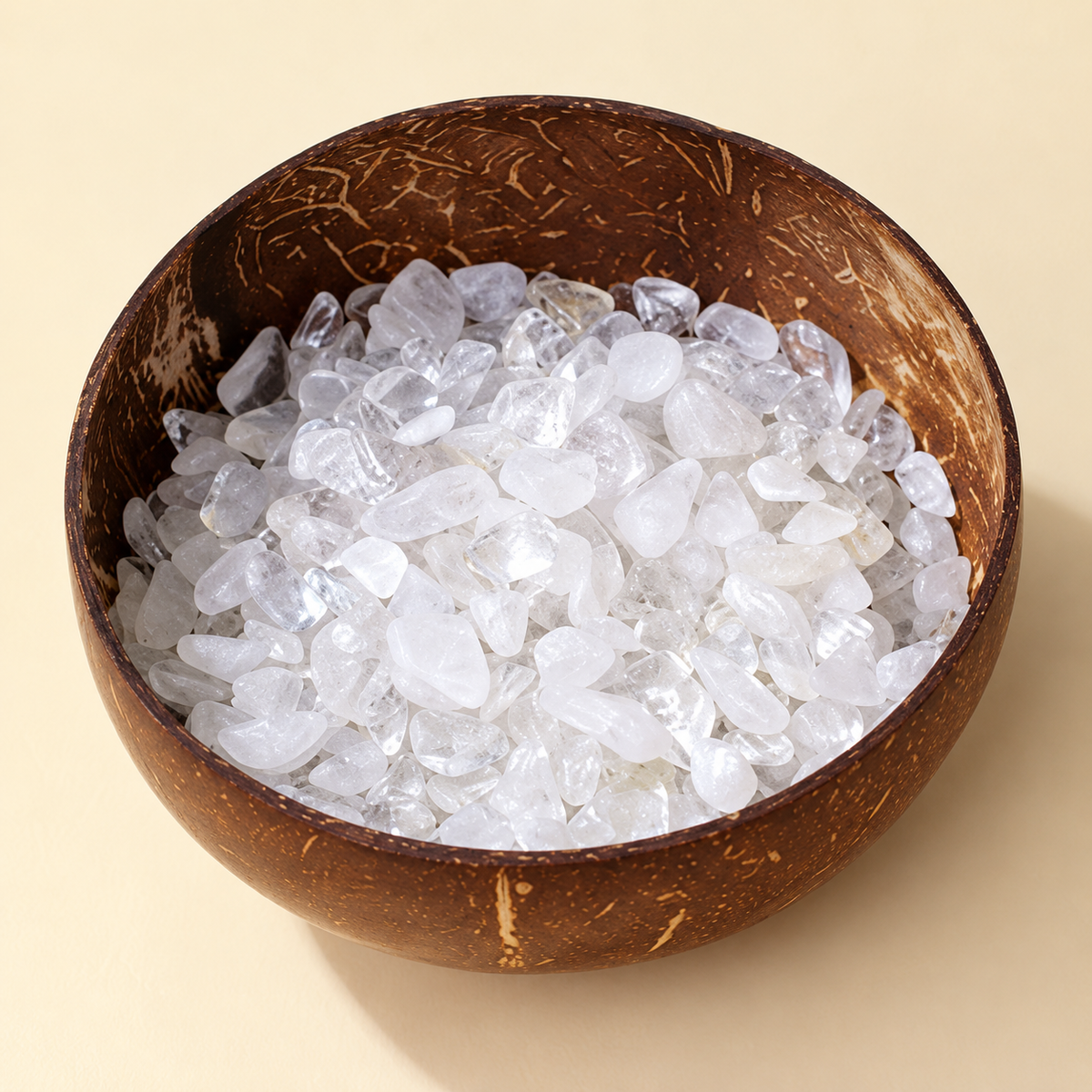 Illustration of a coconut shell bowl filled with clear crystal chips