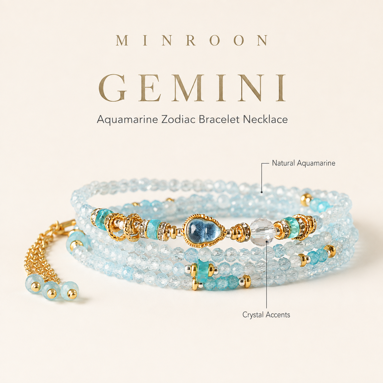 Gemini Aquamarine Zodiac Bracelet Necklace by MINROON