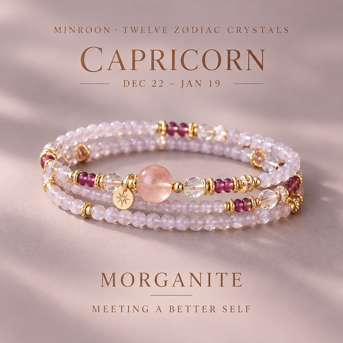 Capricorn Morganite zodiac wrap bracelet on a dusty mauve gallery background