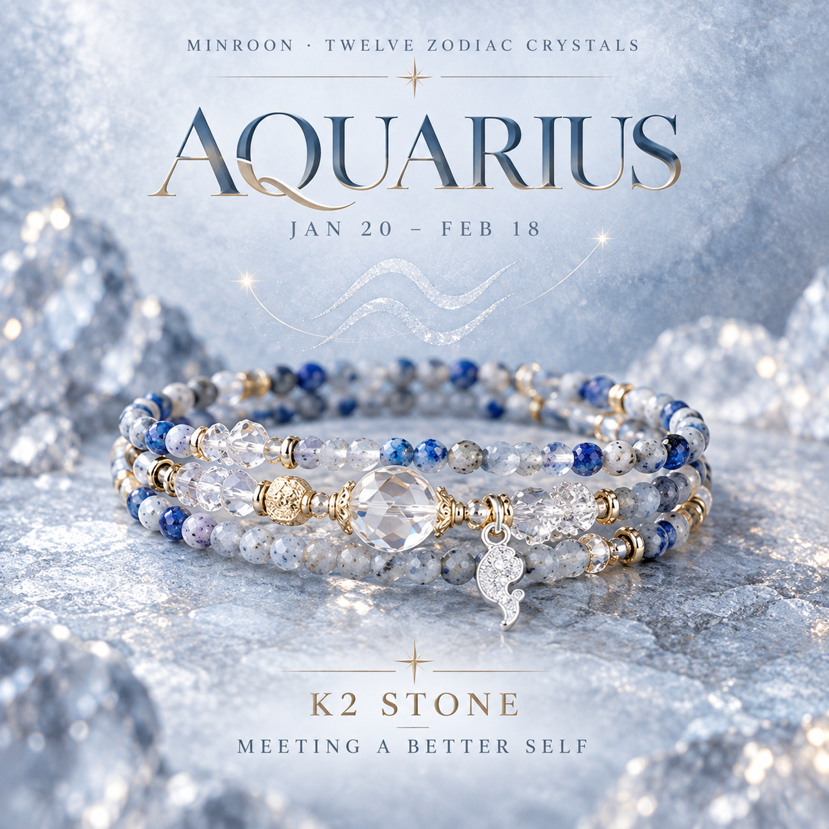 Aquarius K2 Stone zodiac wrap bracelet on an icy blue gallery background